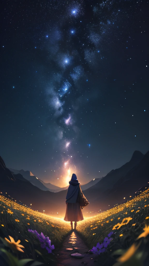 View from below with a view of the sky and street below, muslim girl standing in a field of higland flowers looking up, beautiful field of flower, Sparkling lighting, Atmospheric Illumination, detailed hijab, million of stars, A shooting star visible from the position of the head flowed into the night sky.、The area is pitch dark、In the darkness、masutepiece、realisitic, detailed background, beautiful fireflies, milky way