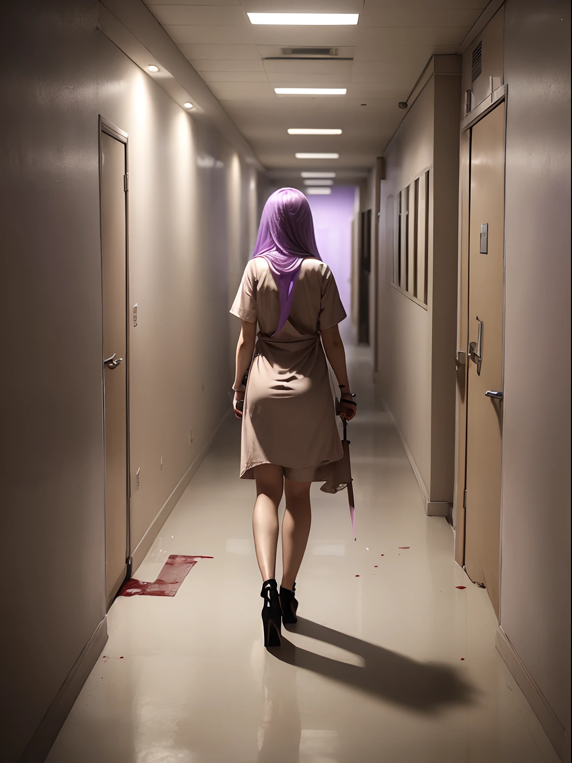 1girl, long light purple lilac hair, pov from behind, wearing very short sexy dirty beige bloody nurse uniform, wearing beige high heels, dingy dirty hospital hallway, off white hallway, beige colored doors, dark shadowed hallway, holding large knife, dragging an axe, beige doors, horror, scary, ominous, dirty floor