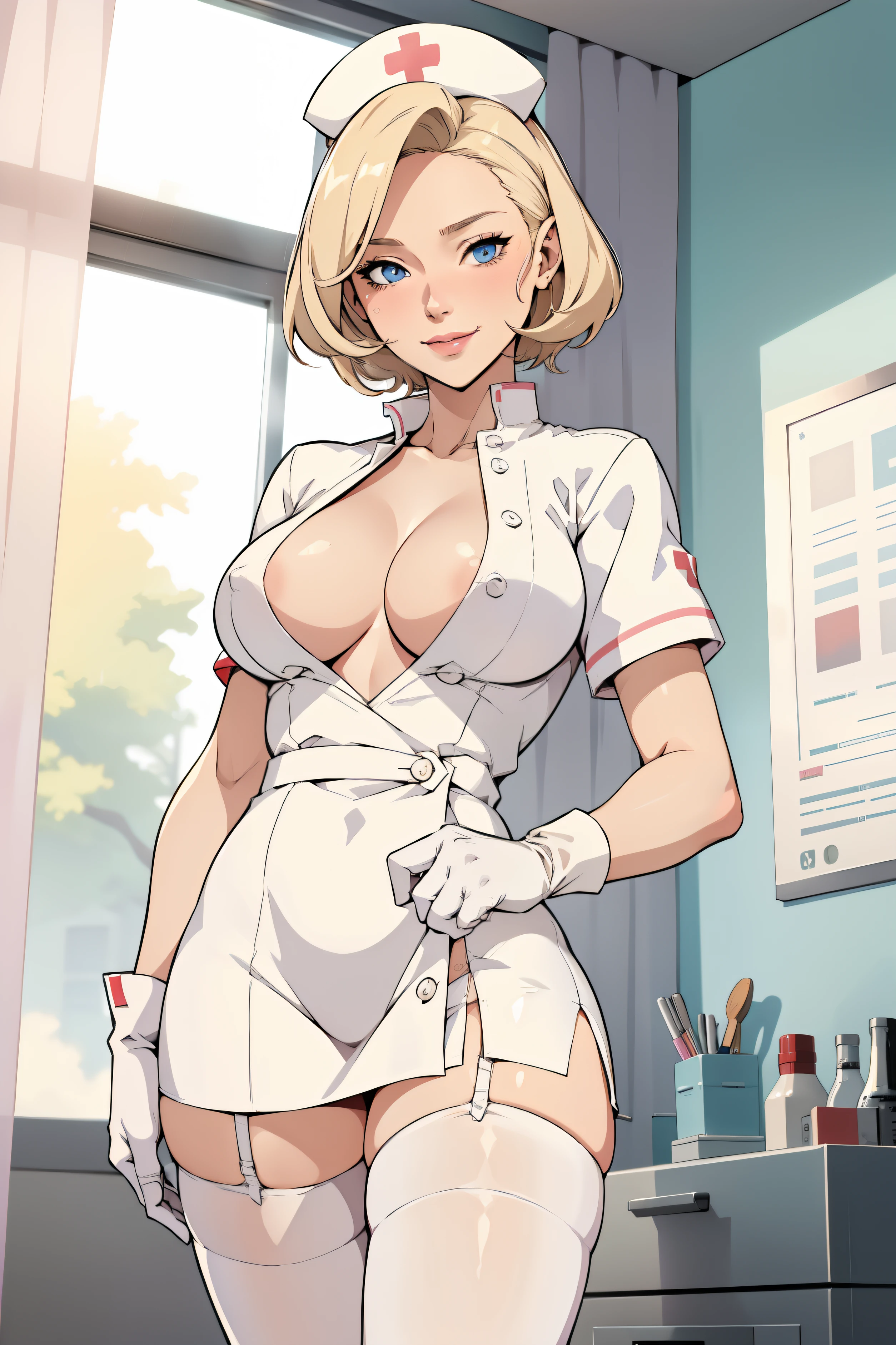 1woman, Nurse, nurse uniform, Nurse Cap, Whiteware, ((White legwear, zettai ryouiki)), White Gloves, Blonde hair, Blue eyes, pink lipsticks, Smile, Standing, sharp outline, Short sleeves, a mature female, 35 year old, Best Quality, masterpiece, infirmary, As chest shows, chest escaping, rain on face, sensuous pose, tit visible