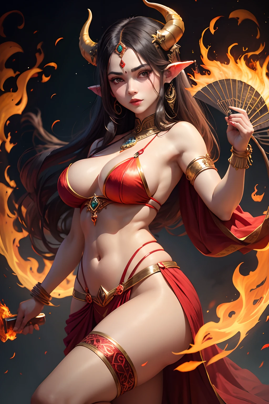 Rakshasa woman with a large fan in her hand has horns, some limbs have feathers, sexy, and flames around her