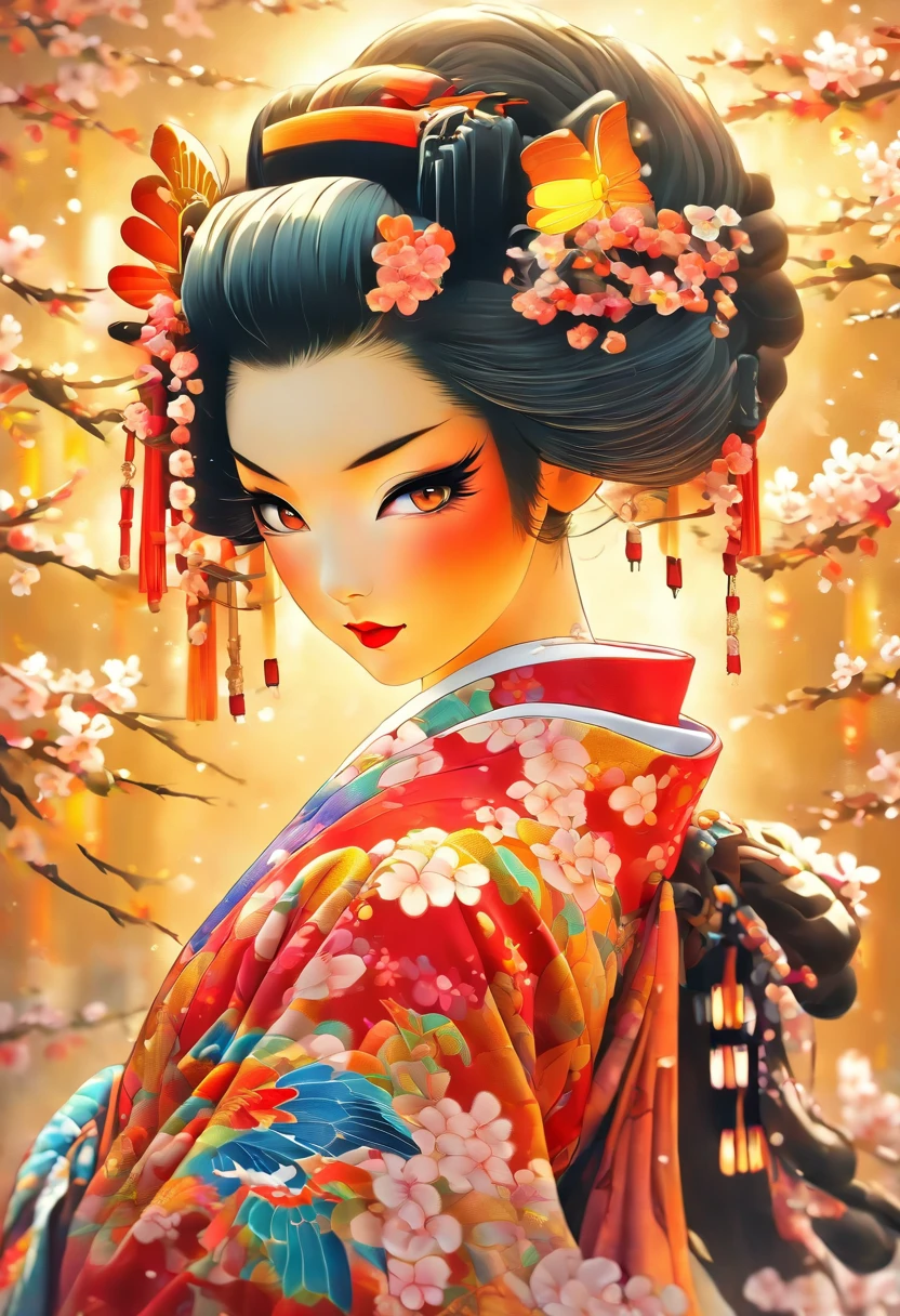 The most beautiful and sexy geisha goddess, rainbow colored hair, yellow eyes, wearing the most beautiful and highly detailed kimono, tons of tattoos and piercings, cherry blossoms and butterflies blowing in the wind, highly detailed background, perfect masterpiece, high quality, high resolution