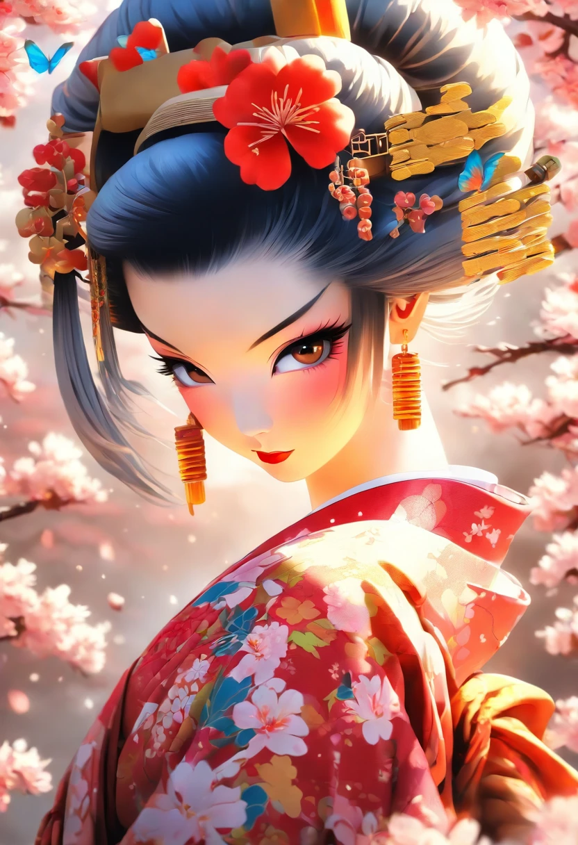 The most beautiful and sexy geisha goddess, rainbow colored hair, yellow eyes, wearing the most beautiful and highly detailed kimono, tons of tattoos and piercings, cherry blossoms and butterflies blowing in the wind, highly detailed background, perfect masterpiece, high quality, high resolution
