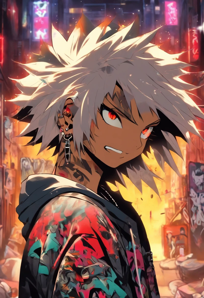 A cool and trendy cat, platinum hair, red eyes, wearing trendy hip hop clothing, wearing a hoodie, graphic t-shirt and torn jeans, tons of tattoos and piercings, graffiti style background, highly detailed background, perfect masterpiece, high quality, high resolution