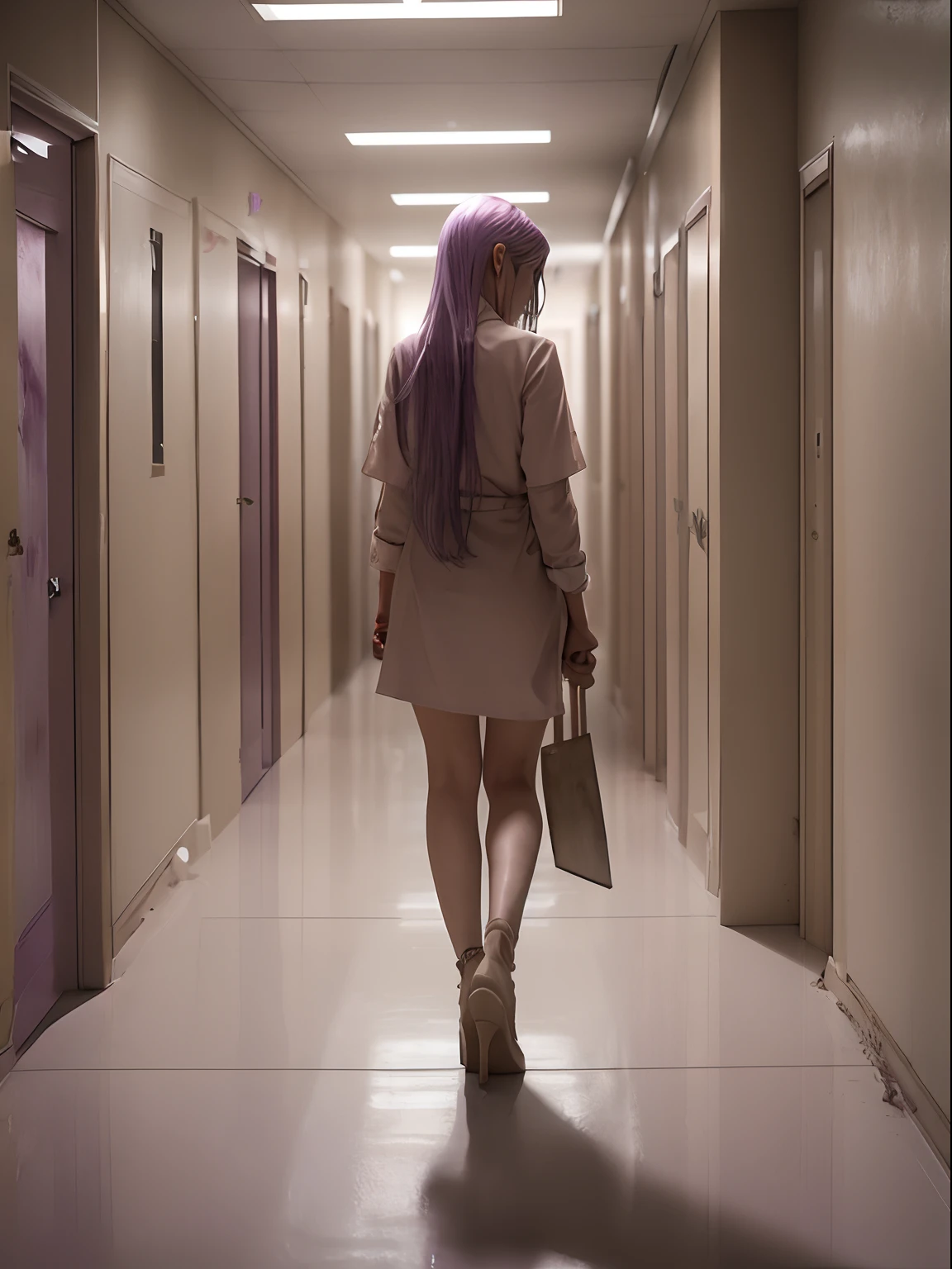 1girl, long light purple lilac hair, pov from behind, wearing very short sexy dirty beige bloody nurse uniform, wearing beige high heels, dingy dirty hospital hallway, off white hallway, beige colored doors, dark shadowed hallway, holding large knife, dragging an axe, beige doors, horror, scary, ominous, dirty floor