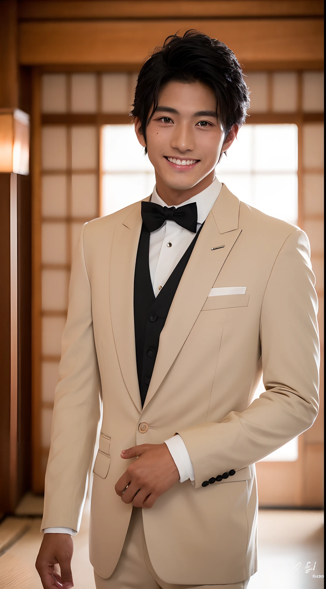 4K、top-quality、masutepiece、 (Japan Male,20 years old)、a handsome、((Tanned black skin 1.6))、bridegroom、wedding hall、Looking at the camera、a smile