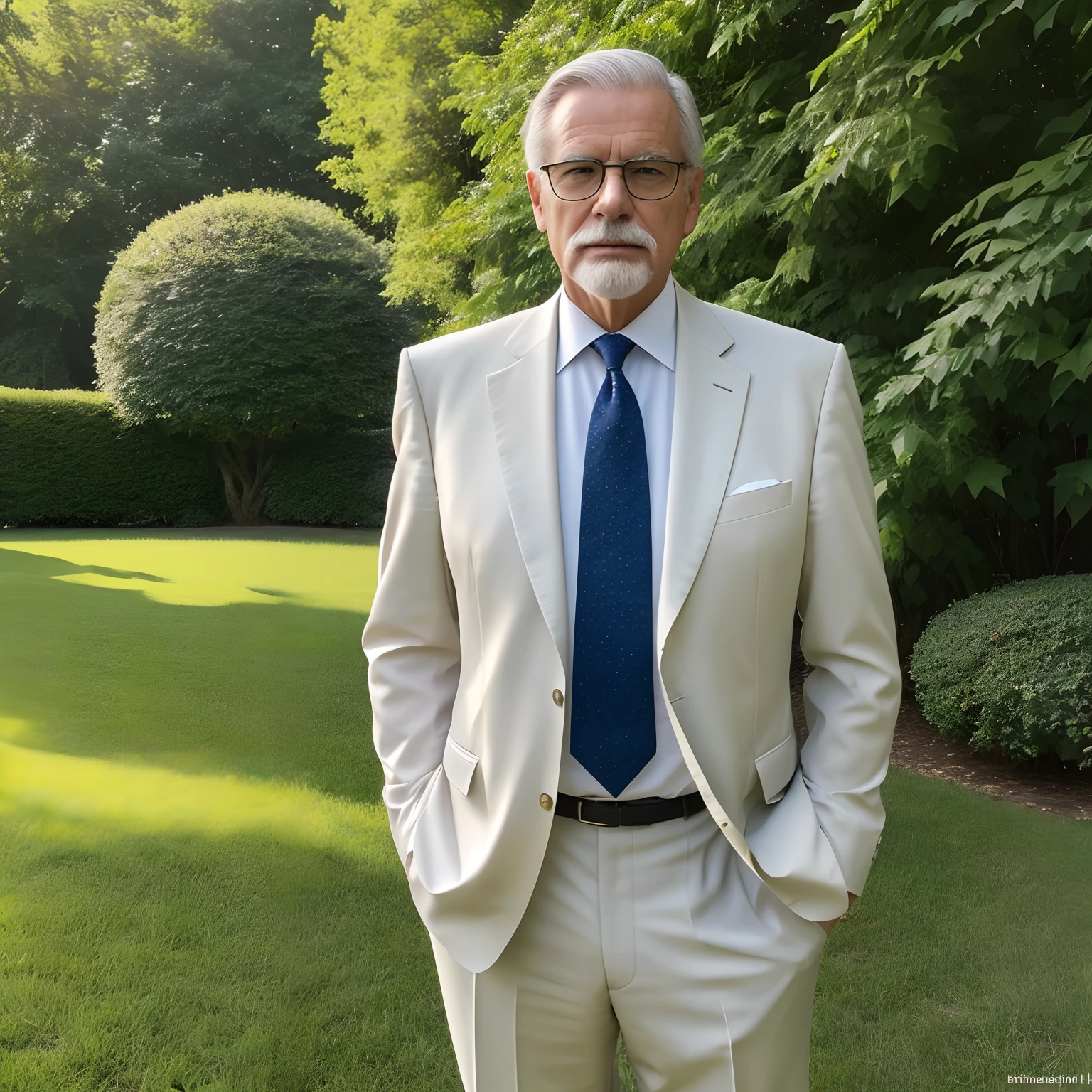 (best quality,4k,8k,highres,masterpiece:1.2),ultra-detailed,(realistic,photorealistic,photo-realistic:1.37),portrait,landscape,photography,elderly gentleman,German socialist chancellor,white tupet hair,white goatee,white mustache,square glasses,black suit,vest,park,1990s,retro style,lush greenery,peaceful atmosphere,late afternoon sunlight,serious expression,thoughtful gaze,majestic presence,confidence,experience,distinguished,wise demeanor,graceful aging,wisdom and authority,suit and tie,well-groomed,impeccable fashion sense,crisp and clean lines,natural poses,classic elegance,subtle color palette,lush foliage,dappled sunlight on the ground,gentle breeze,tranquil environment,calm and serene backdrop