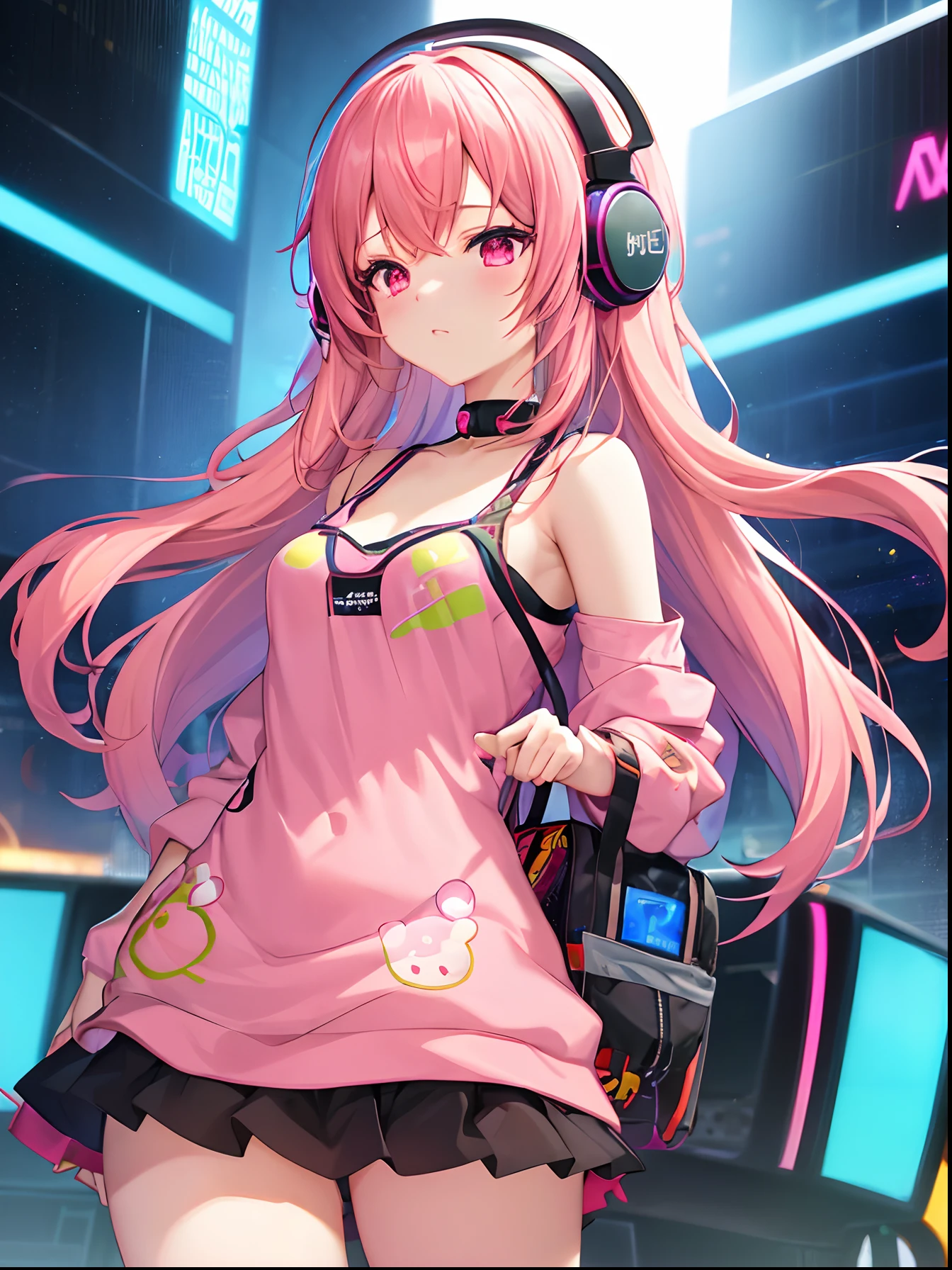 Girl wearing headphones and listening to music, kawacy, Anime visuals of cute girls, Cute anime girl,Listen to music　near future　neons　neon color, young anime girl, guweiz, High quality anime art style, Anime Girl, , Beautiful anime girl, pretty anime girl, (Anime Girl), official artwork