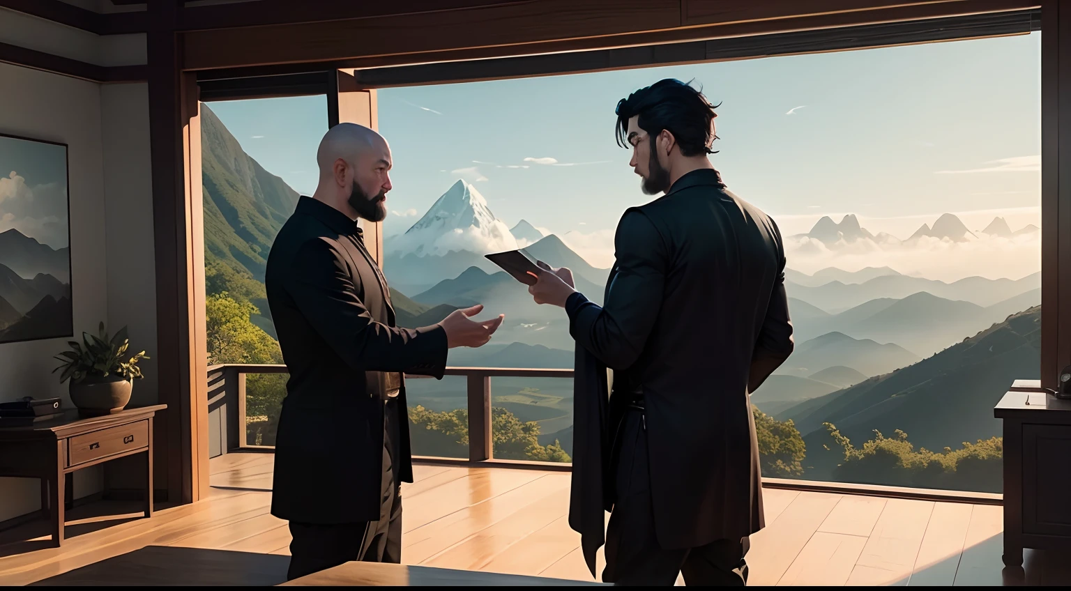 Old Master Lao imparting his wisdom to Kieran, the two figures silhouetted against the backdrop of the tranquil mountain scenery.