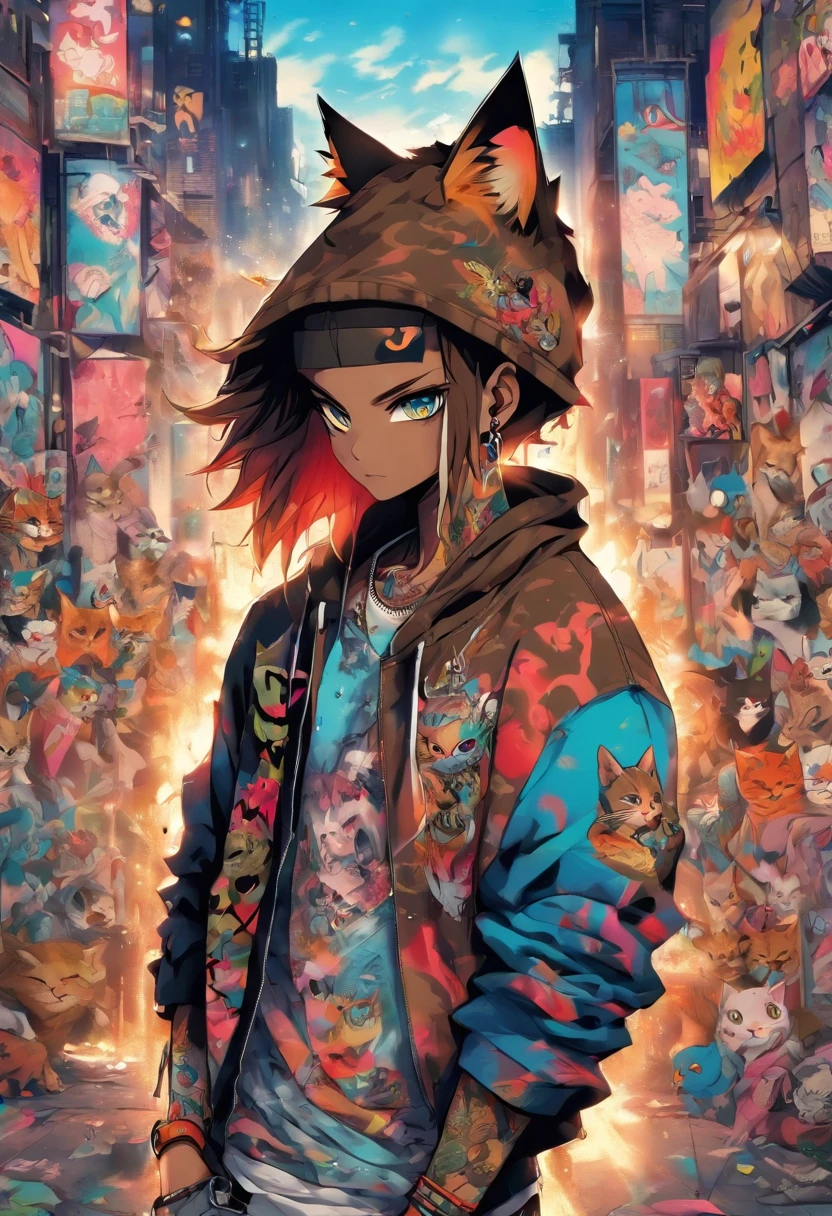 A cool and trendy cat, brown hair, blue eyes, wearing trendy hip hop clothing, wearing a hoodie, graphic t-shirt and torn jeans, tons of tattoos and piercings, graffiti style background, highly detailed background, perfect masterpiece, high quality, high resolution
