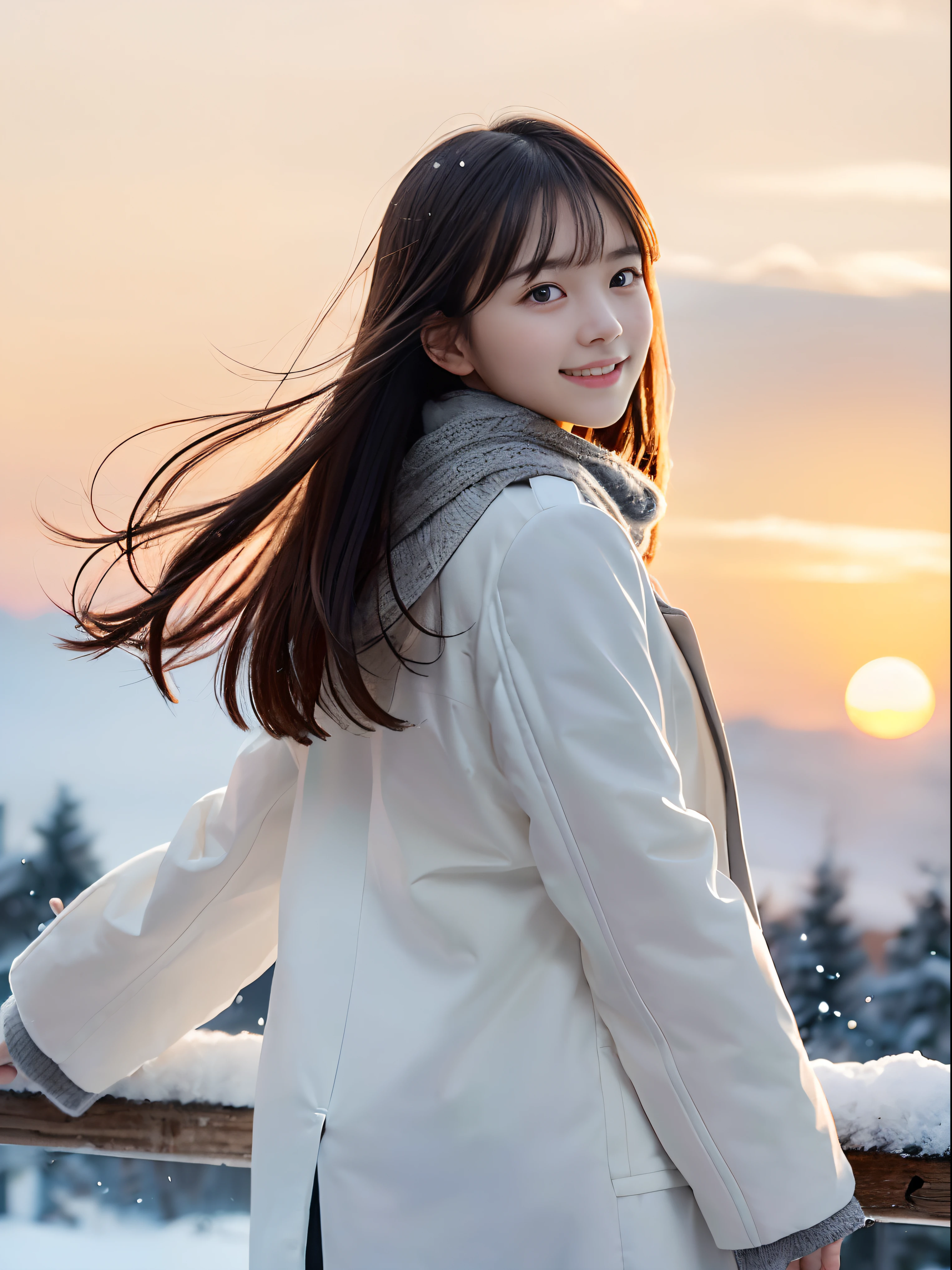 (A close-up portrait from behind one slender girl is、Has a white winter coat with long hair with dull bangs and a gray scarf wearing a winter uniform:1.5)、(One girl looked back at her hair fluttering in the wind with a sad smile :1.3)、(Beautiful snowy sunset red sky:1.5)、(Perfect Anatomy:1.3)、(No mask:1.3)、(complete fingers:1.3)、Photorealistic、Photography、masutepiece、top-quality、High resolution, delicate and pretty、face perfect、Beautiful detailed eyes、Fair skin、Real Human Skin、pores、((thin legs))、(Dark hair)