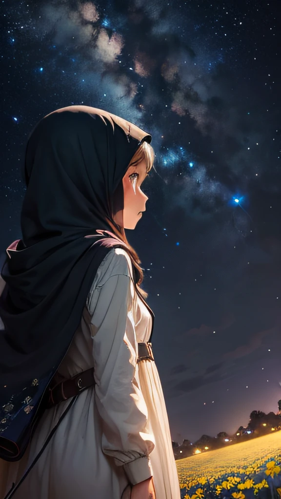 View from below with a view of the sky and street below, muslim girl standing in a field of higland flowers looking up, beautiful field of flower, Sparkling lighting, Atmospheric Illumination, detailed hijab, million of stars, A shooting star visible from the position of the head flowed into the night sky.、The area is pitch dark、In the darkness、masutepiece、realisitic, detailed background, beautiful fireflies, milky way
