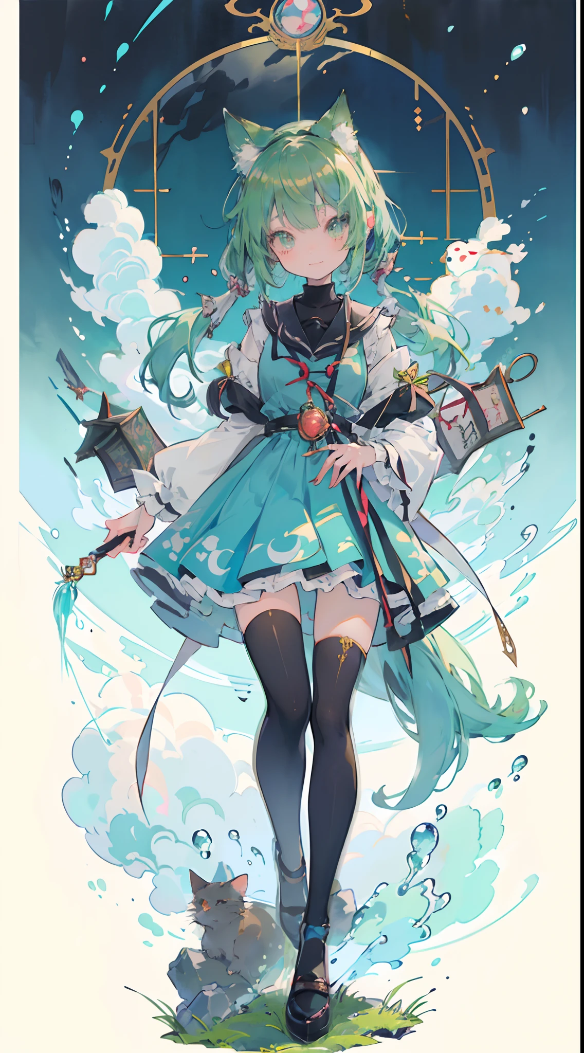 ((masutepiece, Best Quality: 1.1), ((Anime girl in blue dress with magic wand)), Art Nouveau、anime cat girl in a maid costume, Lori, ((Green hairs))、The long-haired、((Shining jewel-like eyes Long eyelashes Transparency))、Very Beautiful Anime Cat Girl, anime catgirl, ((white knee highs)), attractive cat girl, inspired by Leiko Ikemura, aya takano color style, in ryuuou no oshigoto art style, Cat Girl, touhou character, Rei Hiroe、With a smile