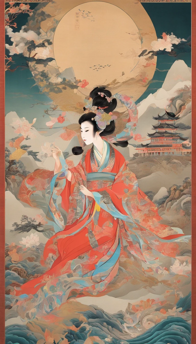 full moon，traditional Chinese festivals，Fairy，Fairy clothes，Streamers flutter，Hanfu，Flying，mid-air，Mid-Autumn Festival，artistic conception，Dunhuang murals，Ultra-high sharpness，超高分辨率，8K