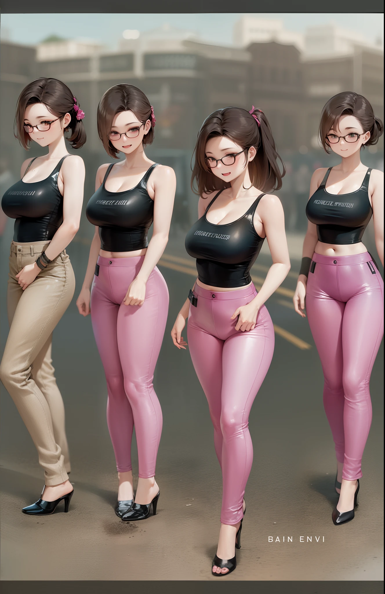 Black tank top、Pink Leather Pants、adult lady、(huge bust)、Festival Venue、A lot of women are gathered here、full body Esbian、Looks happy、celebration、Banzai、Gentle smile、Beautuful Women、beatiful backgrounds、{{{best quality}}}, {{ultra-detailed}}, {illustration},{{{masterpiece}}},