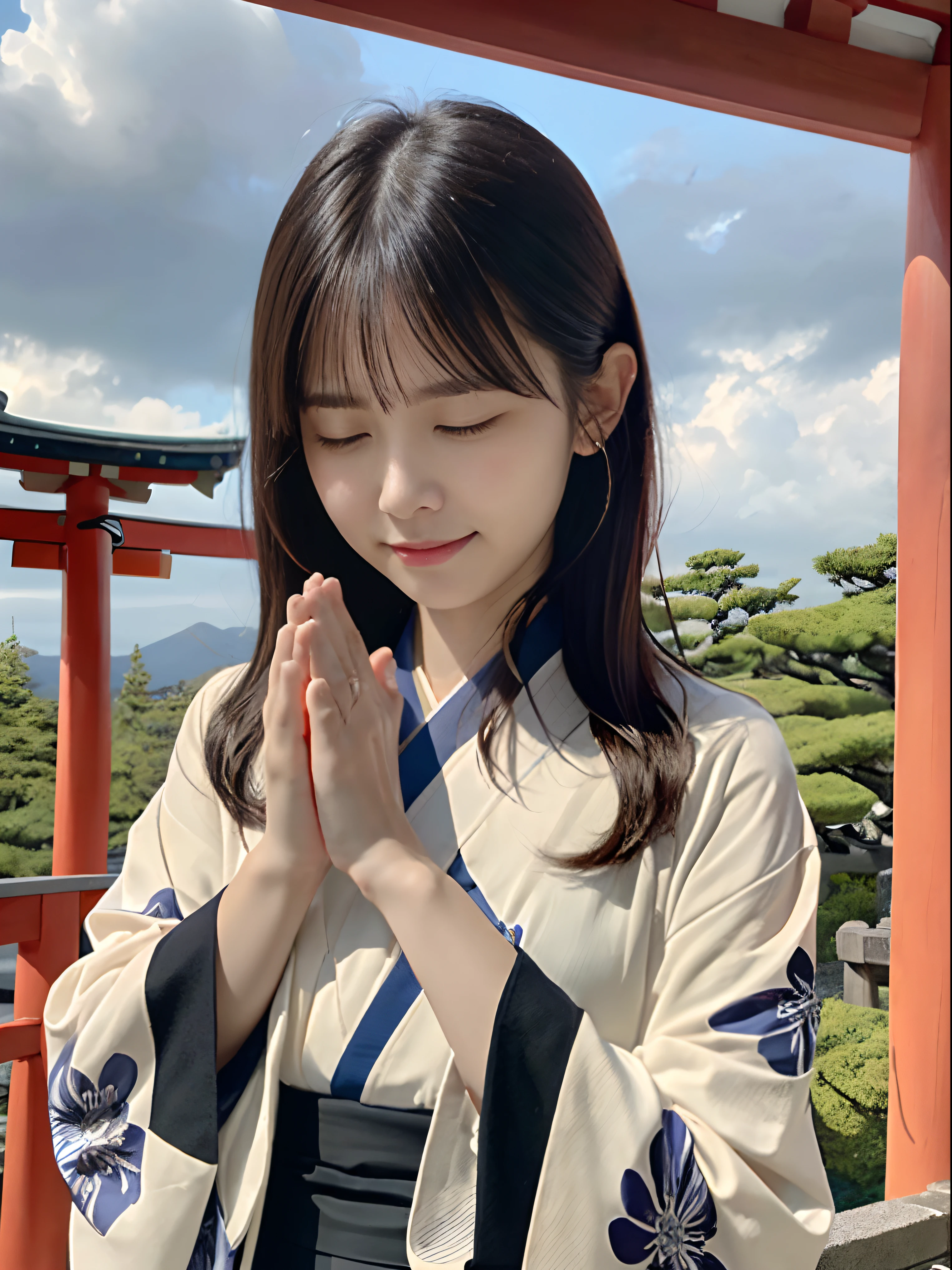 (Close up portrait of long-haired lady with dull bangs in beautiful colorful kimono:1.5)、(One lady praying with her eyes closed and palms together at a shrine in Japan:1.5)、(A shrine in Japan with a winter sky:1.5)、(Perfect Anatomy:1.3)、(No mask:1.3)、(complete fingers:1.3)、Photorealistic、Photography、masutepiece、top-quality、High resolution, delicate and pretty、face perfect、Beautiful detailed eyes、Fair skin、Real Human Skin、pores、((thin legs))、(Dark hair)