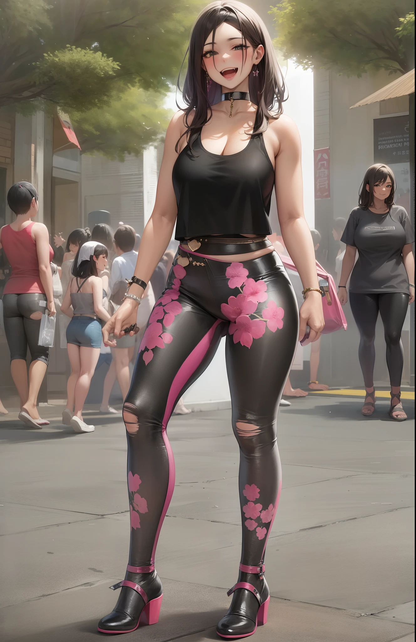Black tank top、Pink Leather Pants、adult lady、(huge bust)、Festival Venue、A lot of women are gathered here、full bodyesbian、Looks happy、celebration、Banzai,smile kindly,{{{best quality}}}, {{ultra-detailed}}, {illustration},{{{masterpiece}}},