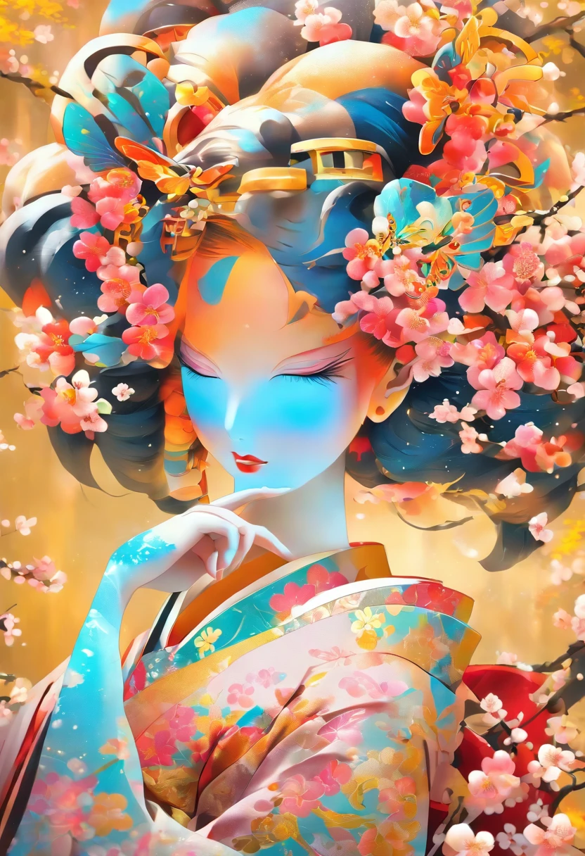 The most beautiful and sexy geisha goddess, rainbow colored hair, yellow eyes, wearing the most beautiful and highly detailed kimono, tons of tattoos and piercings, cherry blossoms and butterflies blowing in the wind, highly detailed background, perfect masterpiece, high quality, high resolution
