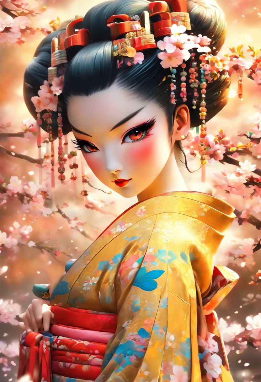 The most beautiful and sexy geisha goddess, rainbow colored hair, yellow eyes, wearing the most beautiful and highly detailed kimono, tons of tattoos and piercings, cherry blossoms and butterflies blowing in the wind, highly detailed background, perfect masterpiece, high quality, high resolution