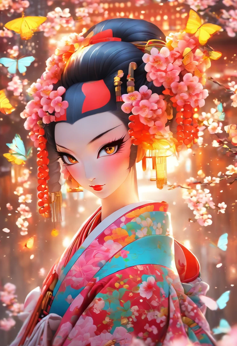 The most beautiful and sexy geisha goddess, rainbow colored hair, yellow eyes, wearing the most beautiful and highly detailed kimono, tons of tattoos and piercings, cherry blossoms and butterflies blowing in the wind, highly detailed background, perfect masterpiece, high quality, high resolution