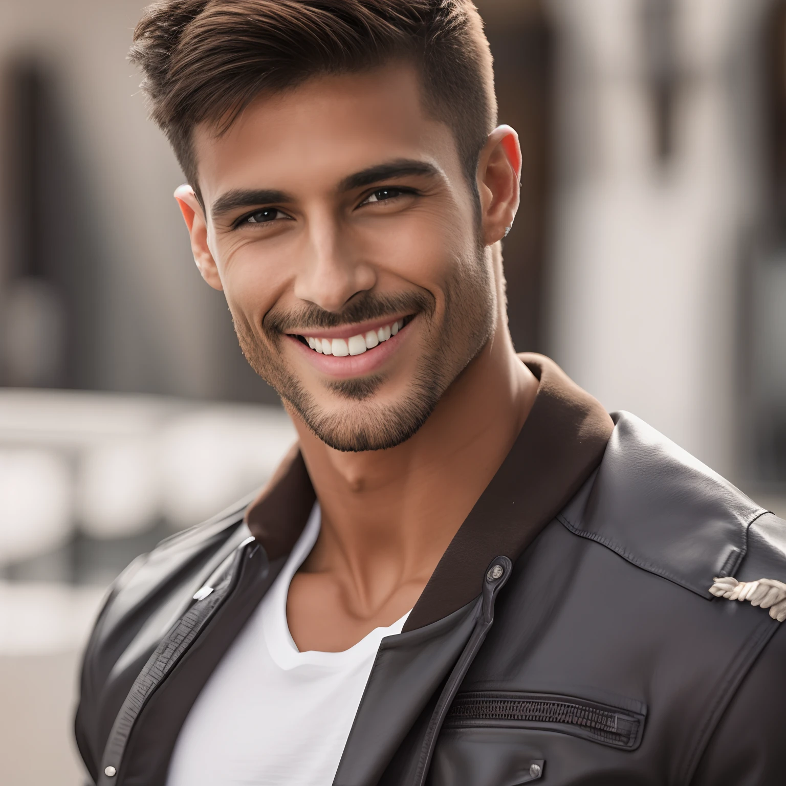 Homem sorridente na jaqueta de couro com camisa branca e t-shirt branca, Macho sorridente, macho atraente, homem atraente, Homem magro com pele caramelo, homem sorridente, modelo de moda sorridente, bonito rosto atraente, Jovem com rosto bonito, Macho bonito, modelo masculino, jovem atraente, strong masculine features, rosto masculino bonito, rosto bonito perfeito, bonito e sorridente