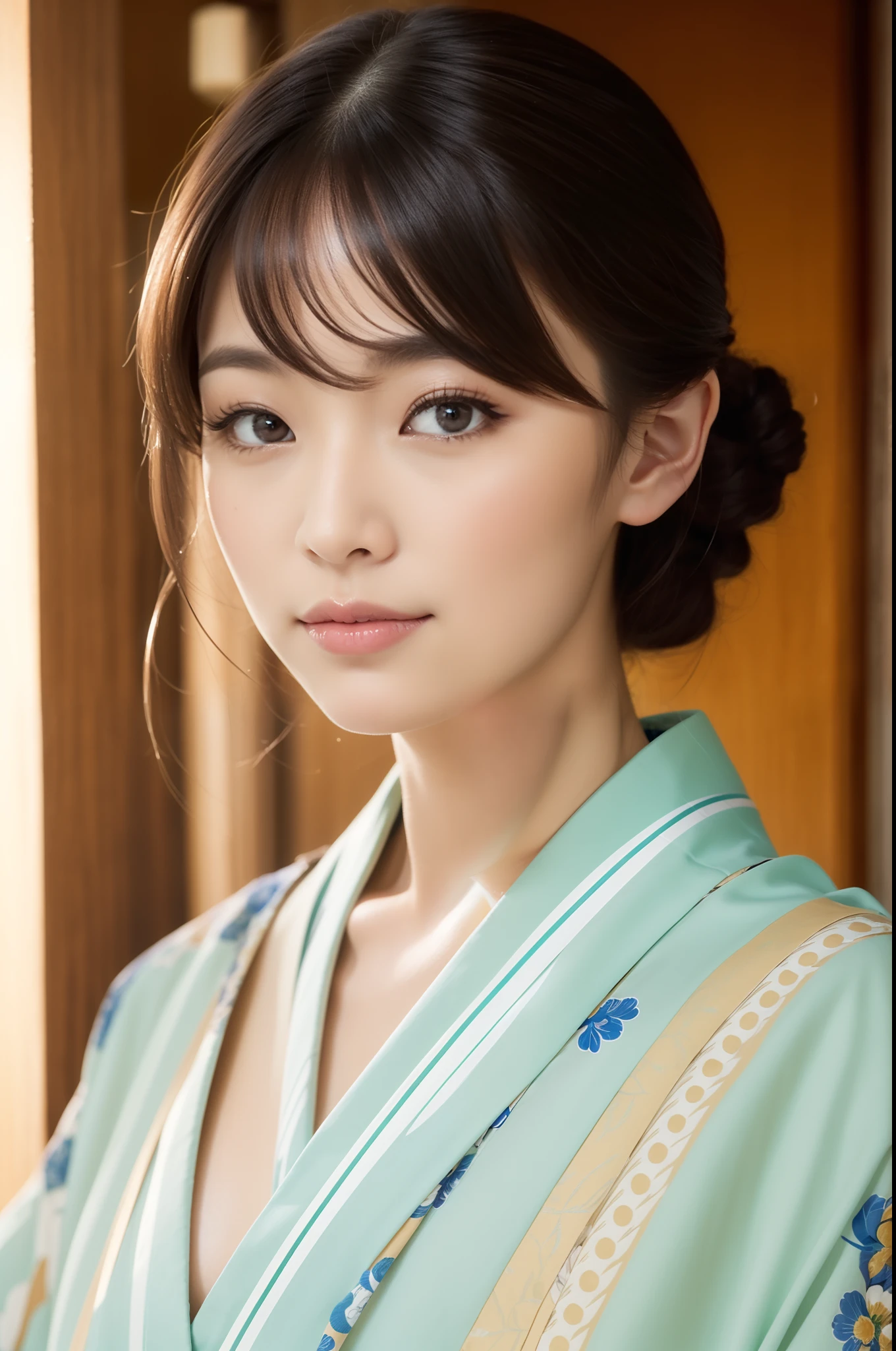 Wearing a kimono、Real Japan woman in the temple, beautiful japanese female, beautiful japanese female, goddess of Japan, Beautiful Japan Female Face、Tie up your hair、Inserting kanzashi、A MILF、Sexy Japan woman、Looking at the camera、Look into the eyes、facing front、face forwards、Beautiful collarbone、beautidful eyes、Sit down and brew tea、Narrow-eyed、Single eyelid、Small eyes、tthin eyebrows、30-year-old woman with、low nose、thin lipss、