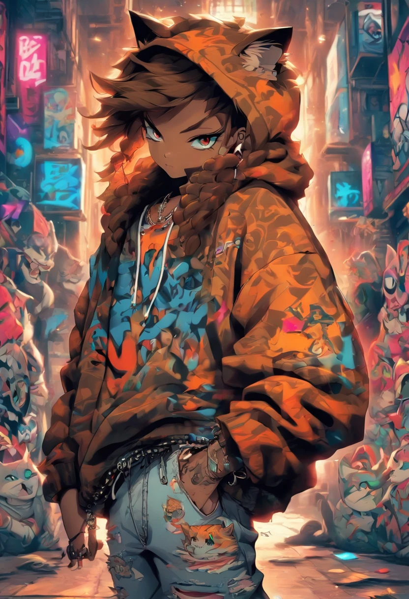 A cool and trendy cat, brown hair, blue eyes, wearing trendy hip hop clothing, wearing a hoodie, graphic t-shirt and torn jeans, tons of tattoos and piercings, graffiti style background, highly detailed background, perfect masterpiece, high quality, high resolution