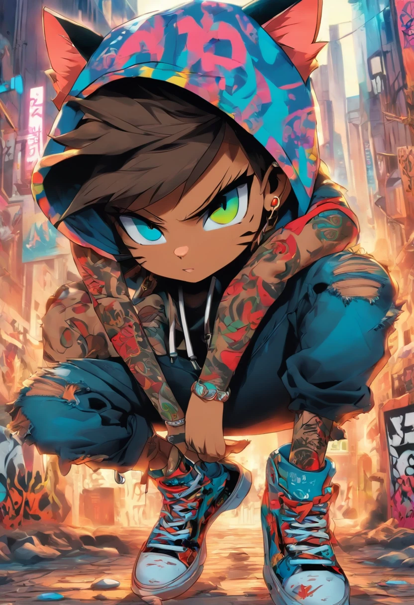 A cool and trendy cat, brown hair, blue eyes, wearing trendy hip hop clothing, wearing a hoodie, graphic t-shirt and torn jeans, tons of tattoos and piercings, graffiti style background, highly detailed background, perfect masterpiece, high quality, high resolution
