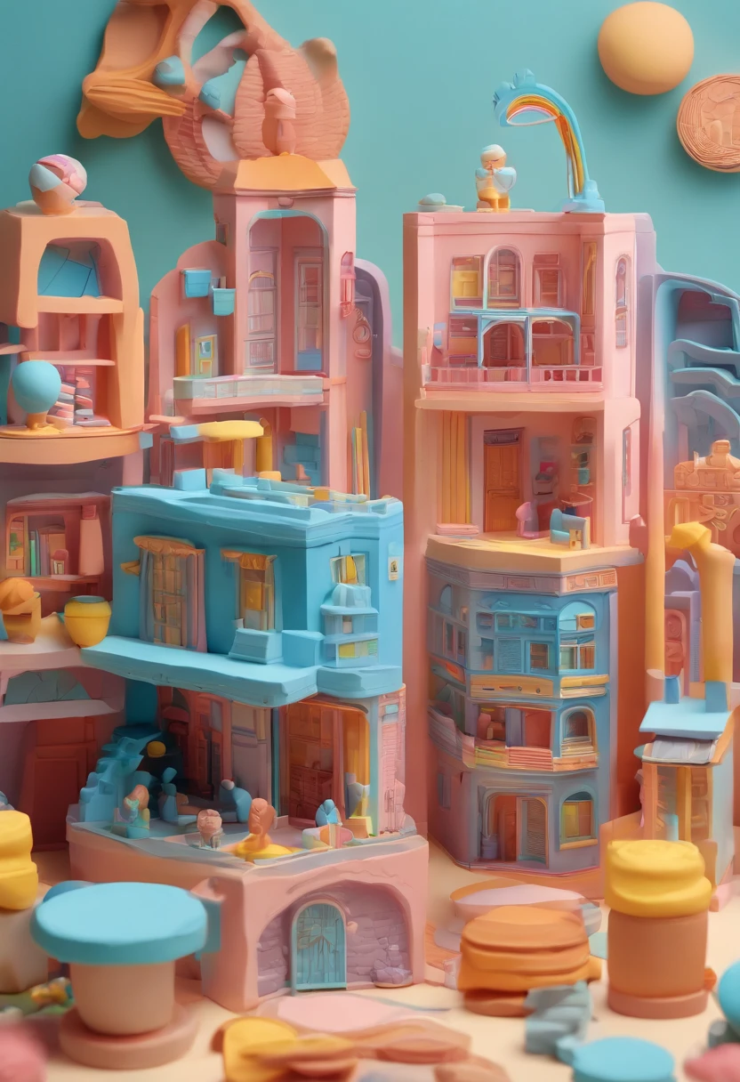 Un immeuble de bureau en construction, ciel bleu, Clay material, Style de design cartoon, Pop Mart, softlighting, lignes lisses, Tilt-offset lenses, Detailed science fiction illustrations, Hyperrealistic details, couleur chaude