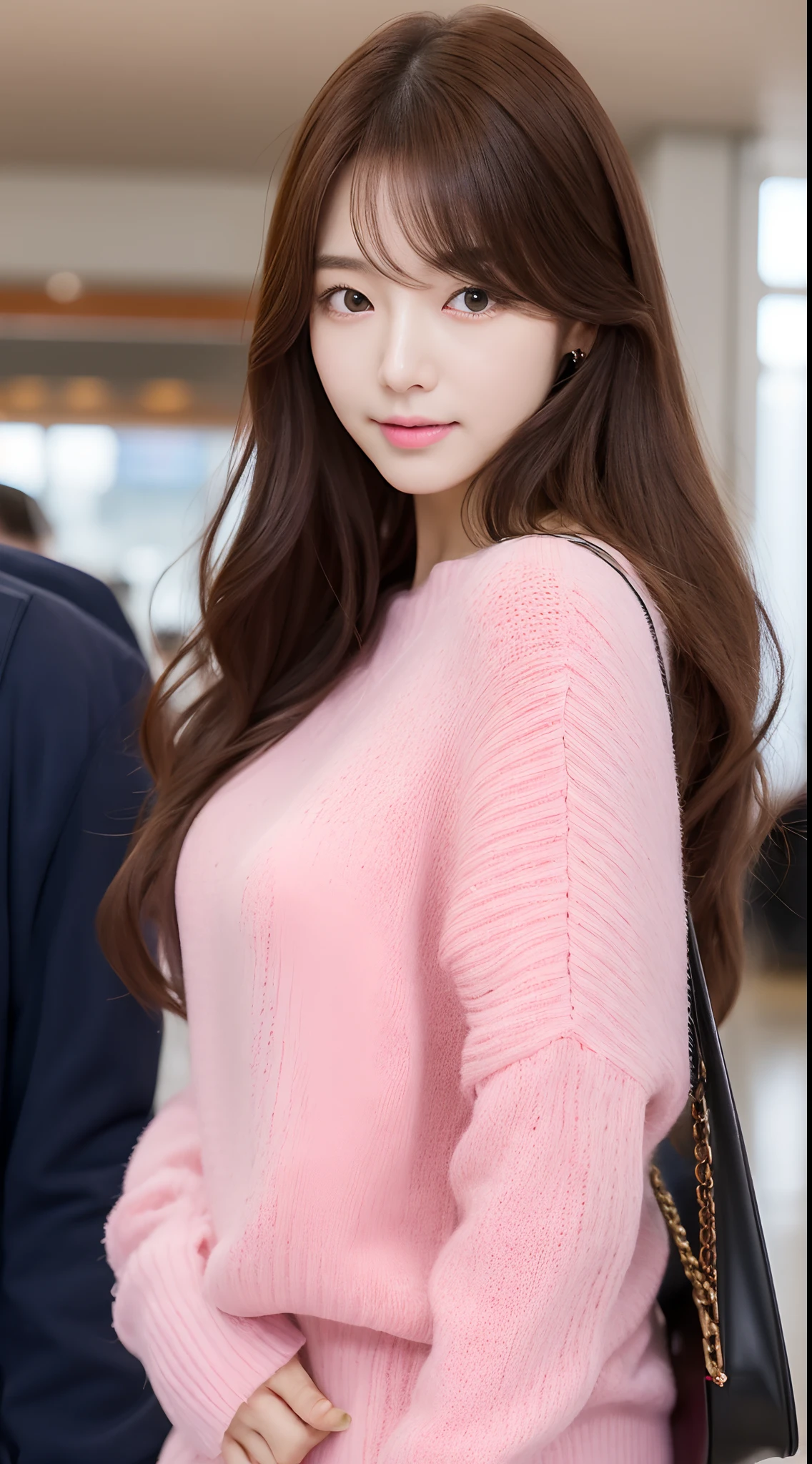 Realistic photos of (1 cute Korean star) hair over one eye, thin makeup, 32 inch breasts size, wearing pink sweater, in the airport lounge, UHD