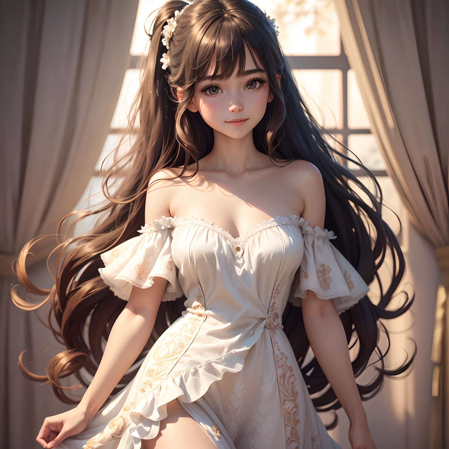 Beautiful Art, 1 Portraits, hight resolution, 1girll,white wavy long hair,White translucent off-the-shoulder dress, Open shoulders, Bare shoulders, Girl with a half turn, Smiling Girl 1.5, robe blanche,Amber eyes,portrait of girl, illuminating,hight resolution,8K,Very detailed the beautiful and delicate girl, intricate detail, extremely delicate and beautiful, whole body, view straight on, standing, petite, very long hair, wavy hair, bangs, hair between eyes, ponytail, delicate beautiful face, smile, beautiful detailed eyes, parted_lips, delicate hands, small_breasts, frilled_dress, boots, floral_print, beautiful detailed sky, bloom, absurdres, Very detailed CG unified 8k wallpaper,