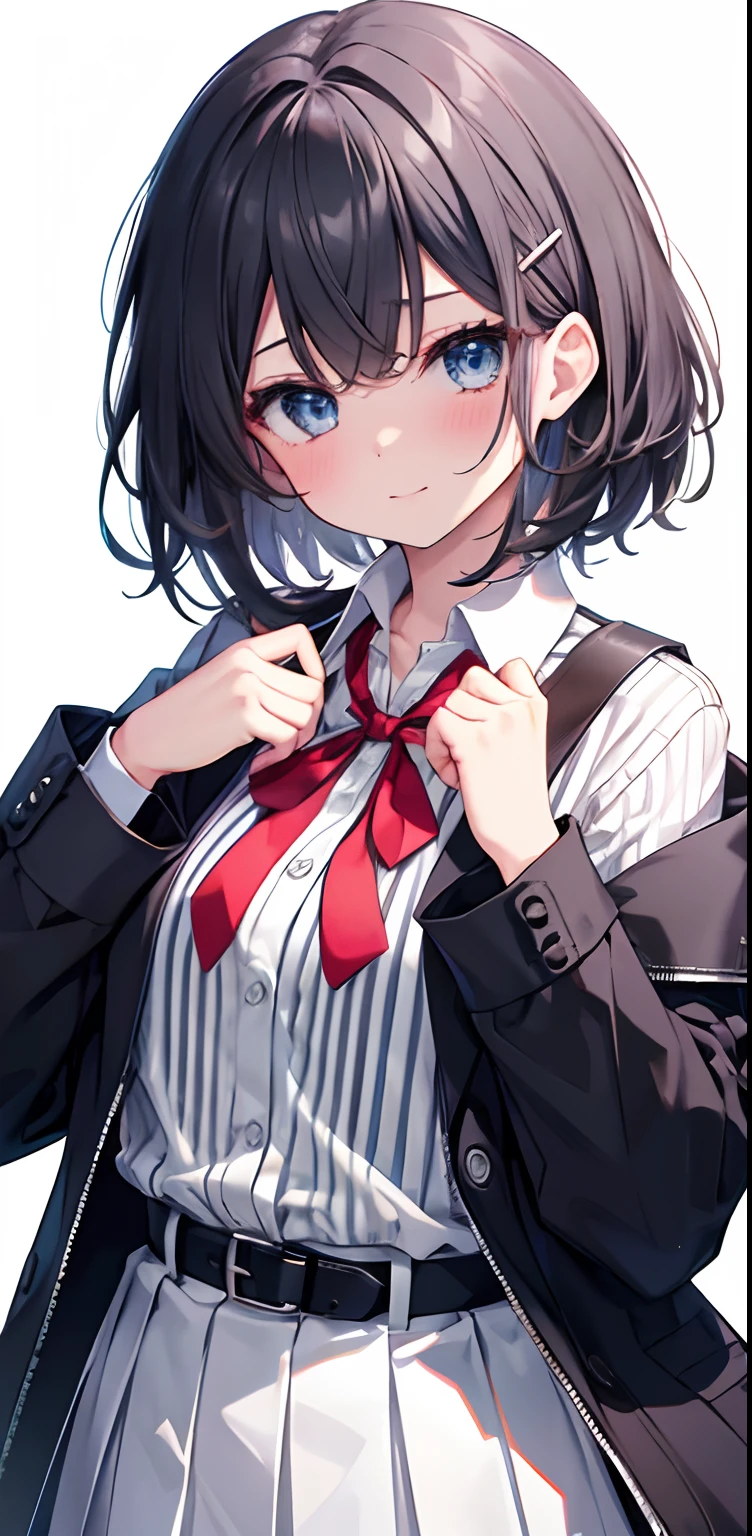 blush, striped, 1girl, smile, hair_ornament, solo, blue_eyes, closed_mouth, long_sleeves, eyebrows_visible_through_hair, shirt, bangs, jacket, vertical_stripes, white_background, white_jacket, white_shirt, black_skirt, skirt, hands_up, hair_between_eyes, looking_at_viewer, black_shirt, ribbon, diagonal_stripes, short_hair, belt, nose_blush, collared_shirt, hairclip, virtual_youtuber, pleated_skirt, silver_hair, simple_background, white_hair, sailor_collar, open_jacket, w, striped_background, open_clothes, grey_shirt, red_neckwear, bow, upper_body, neck_ribbon, black_dress, black_belt, striped_bow, two-tone_background, school_uniform