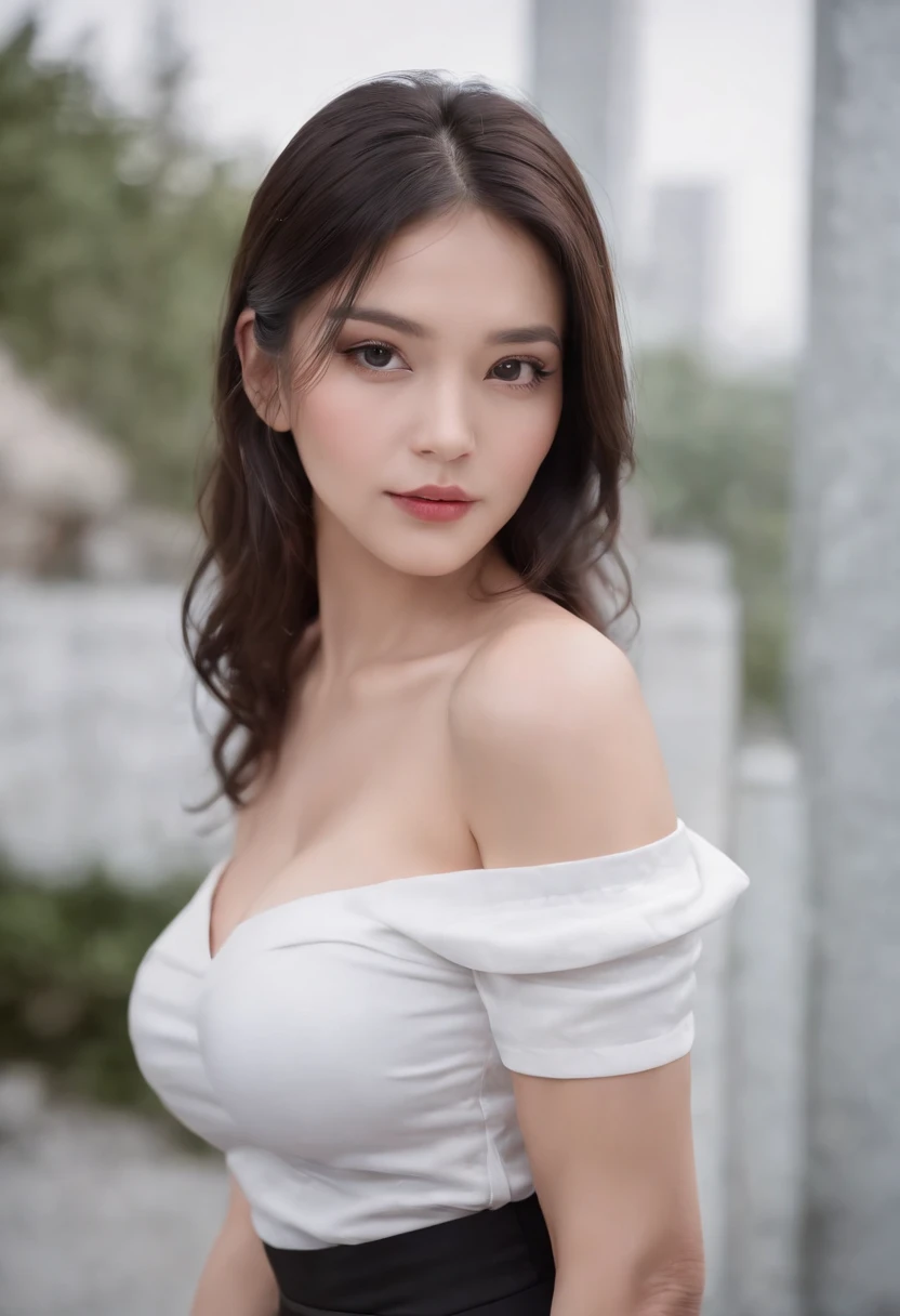 best quality, ultra high res, (photorealistic:1.4), 1girl, off-shoulder white shirt, black tight skirt, black choker, (faded ash gray hair:1), (huge breasts:1.2), looking at viewer, closeup ,