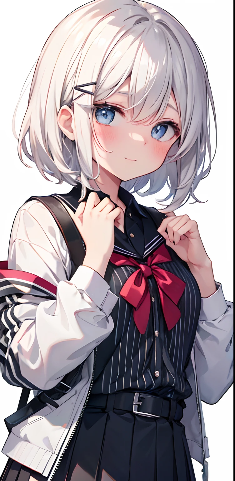 blush, striped, 1girl, smile, hair_ornament, solo, blue_eyes, closed_mouth, long_sleeves, eyebrows_visible_through_hair, shirt, bangs, jacket, vertical_stripes, white_background, white_jacket, white_shirt, black_skirt, skirt, hands_up, hair_between_eyes, looking_at_viewer, black_shirt, ribbon, diagonal_stripes, short_hair, belt, nose_blush, collared_shirt, hairclip, virtual_youtuber, pleated_skirt, silver_hair, simple_background, white_hair, sailor_collar, open_jacket, w, striped_background, open_clothes, grey_shirt, red_neckwear, bow, upper_body, neck_ribbon, black_dress, black_belt, striped_bow, two-tone_background, school_uniform