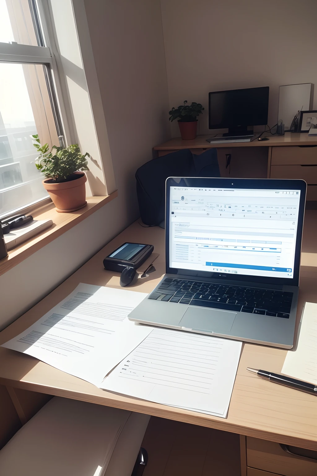 A desk with a laptop and spread out documents, with a view of the desk and a window in the background. The lighting is soft, casting a gentle glow. The scene is in a business setting, with an accounting theme. The documents on the desk are neatly organized, and the laptop is open, showing a financial spreadsheet. The window in the background allows for natural light to fill the room, creating a peaceful and productive atmosphere. The colors are warm and inviting, with a slight tint of blue from the daylight outside. The details are highly realistic, capturing every fold in the papers and every reflection on the laptop screen. The artwork is of the highest quality, with ultra-detailed textures and sharp focus. The overall style is professional and clean, with a touch of elegance.