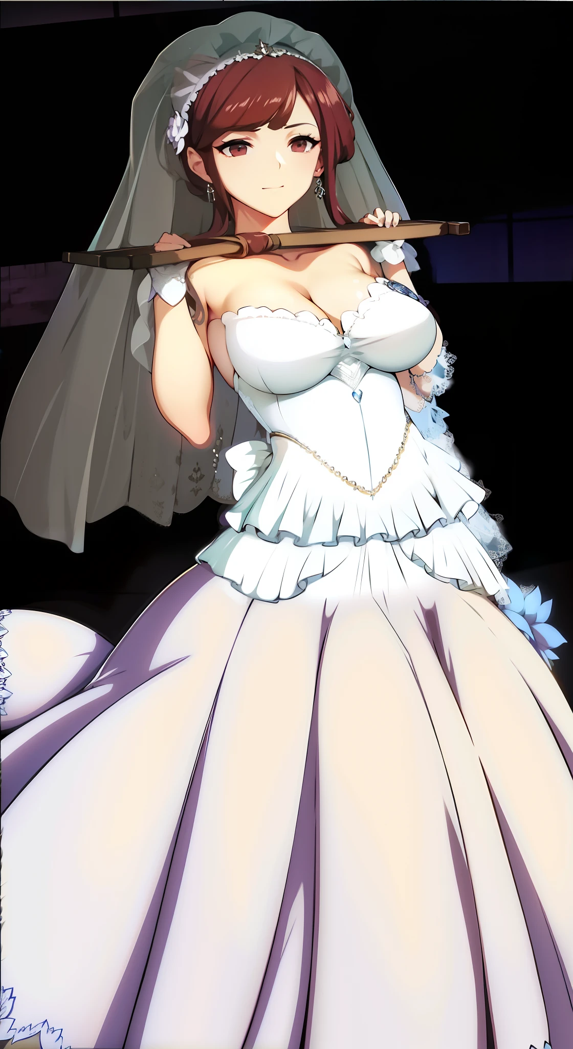 1girll, Sailor Uranus, Love Muzuki, Aqua blue eyes, blond hairbl, Close-up of a beautiful bride in a beautiful wedding dress, Gurvetz,(pillory:1.5), (Flail:1.2), Flail on the head, Flail on the hands,Full body photo, Whole body, (Bridal veil: 1.5), (Short transparent veil: 1.5), Flushed face, Head flower, head gear, (Tubular wedding dress: 1.5), (Silk dress: 1.2 ), (Strapless wedding dress: 1.5), (and floor-length skirts:1.2), Pure white dress,a white long skirt, necklace, Earrings, (Huge breasts: 1.3), Deep V heart collar wedding dress, bangs, lipstick, (Lace gloves: 1.3), High detail RAW color art,