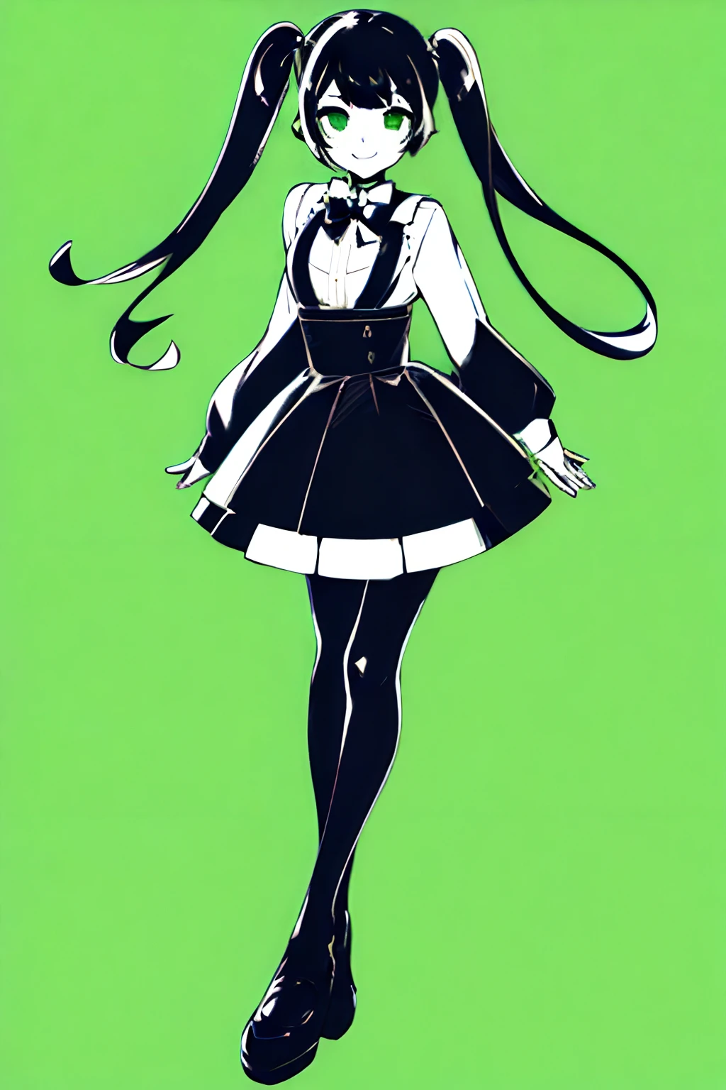 Masterpiece,Best Quality,1Girl,Solo,long_heads,looking_al_viewer,Smile,bangss,skirt,Simple_Background with,shirt,black_heads,long_sleeve,bow,twintail,Monochrome,heads_bow,heart,Frills,footwear,bowtie,green_eyes,bra,heart shape_Pupils,green_Background with,pink_shirt,arms behind back,Jirai_kay,closed mouth,