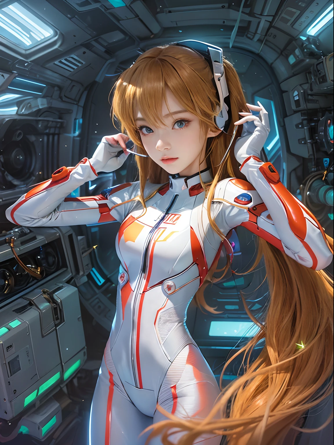 (Overhead view),dynamic angle,ultra-detailed, illustration, close-up, straight on, 1girl, 
 ((souryuu asuka langley, interface headset, red bodysuit:1.4, blonde)),Her eyes shone like dreamy stars,(glowing eyes:1.233),(beautiful and detailed eyes:1.1),(expressionless,closed mouth),(standing), 
(mechanic room with toolsand spaceship windowin a white SPACESHIP),
(night:1.2),dreamy, [[delicate fingers and hands:0.55]::0.85],(detail fingers),