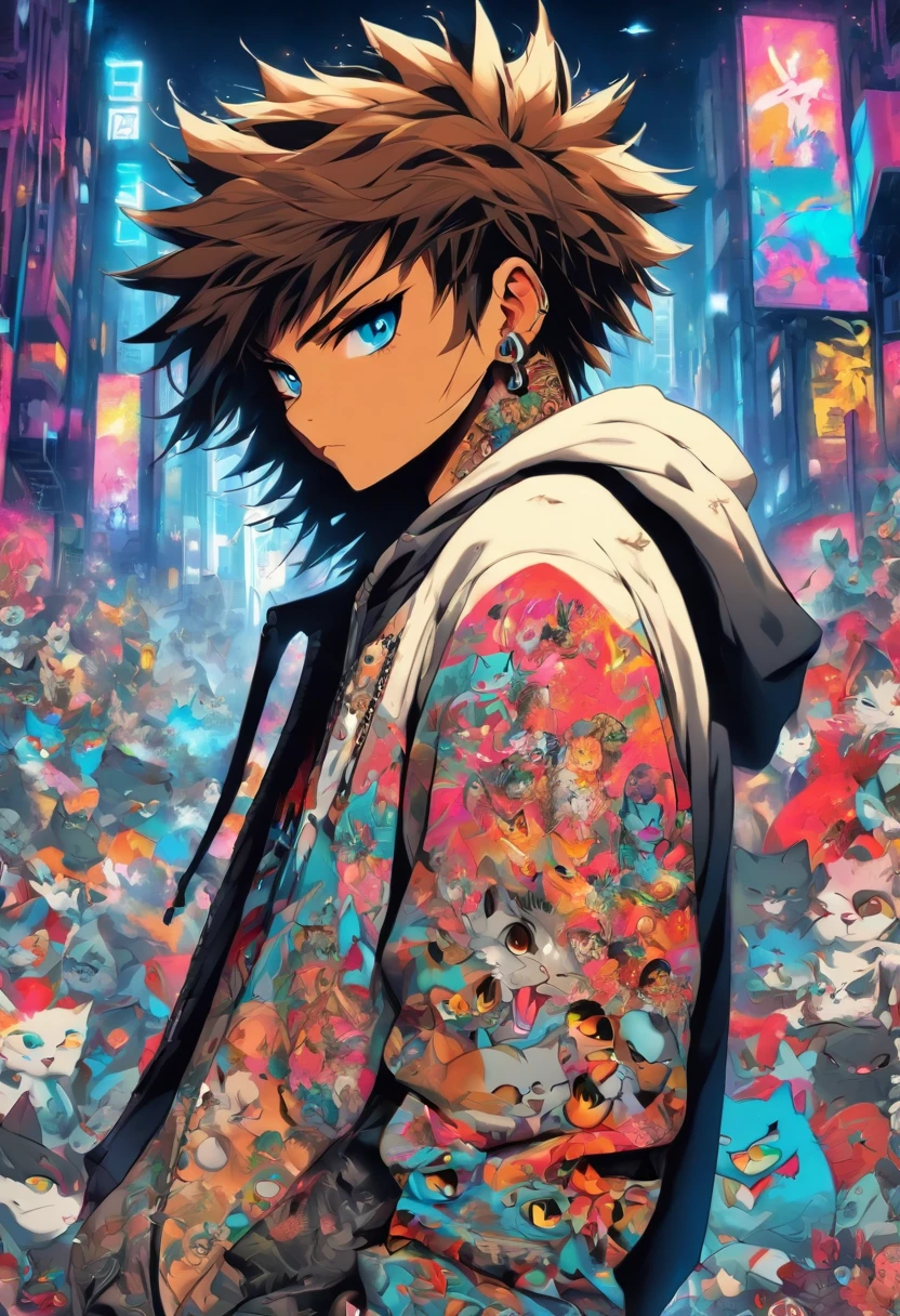 A cool and trendy cat, brown hair, blue eyes, wearing trendy hip hop clothing, wearing a hoodie, graphic t-shirt and torn jeans, tons of tattoos and piercings, graffiti style background, highly detailed background, perfect masterpiece, high quality, high resolution