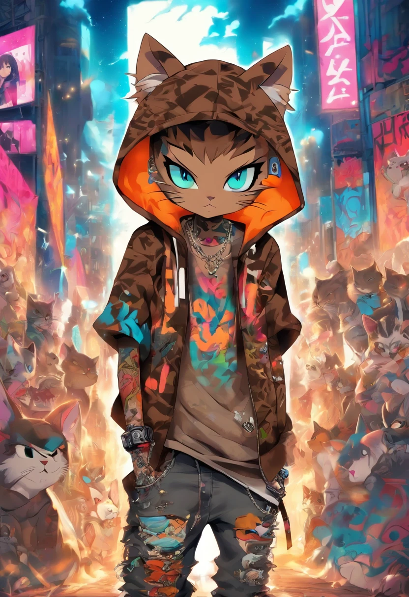 A cool and trendy cat, brown hair, blue eyes, wearing trendy hip hop clothing, wearing a hoodie, graphic t-shirt and torn jeans, tons of tattoos and piercings, graffiti style background, highly detailed background, perfect masterpiece, high quality, high resolution