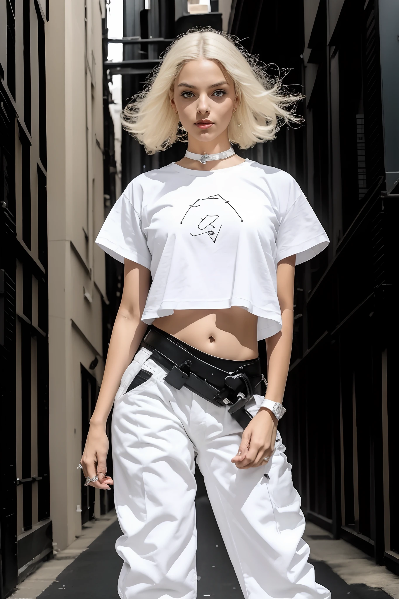 1girl, Young pretty white girl, Hot-top model, longue blonde hair, closed mouth, in a white oversized T-shirt (T-shirt only white) and black Acronym J36-S and Acronym P30A-DS pants and black and white sneakers, body piercings, in the city, (((dynamicpose))), instagram model, 80mm