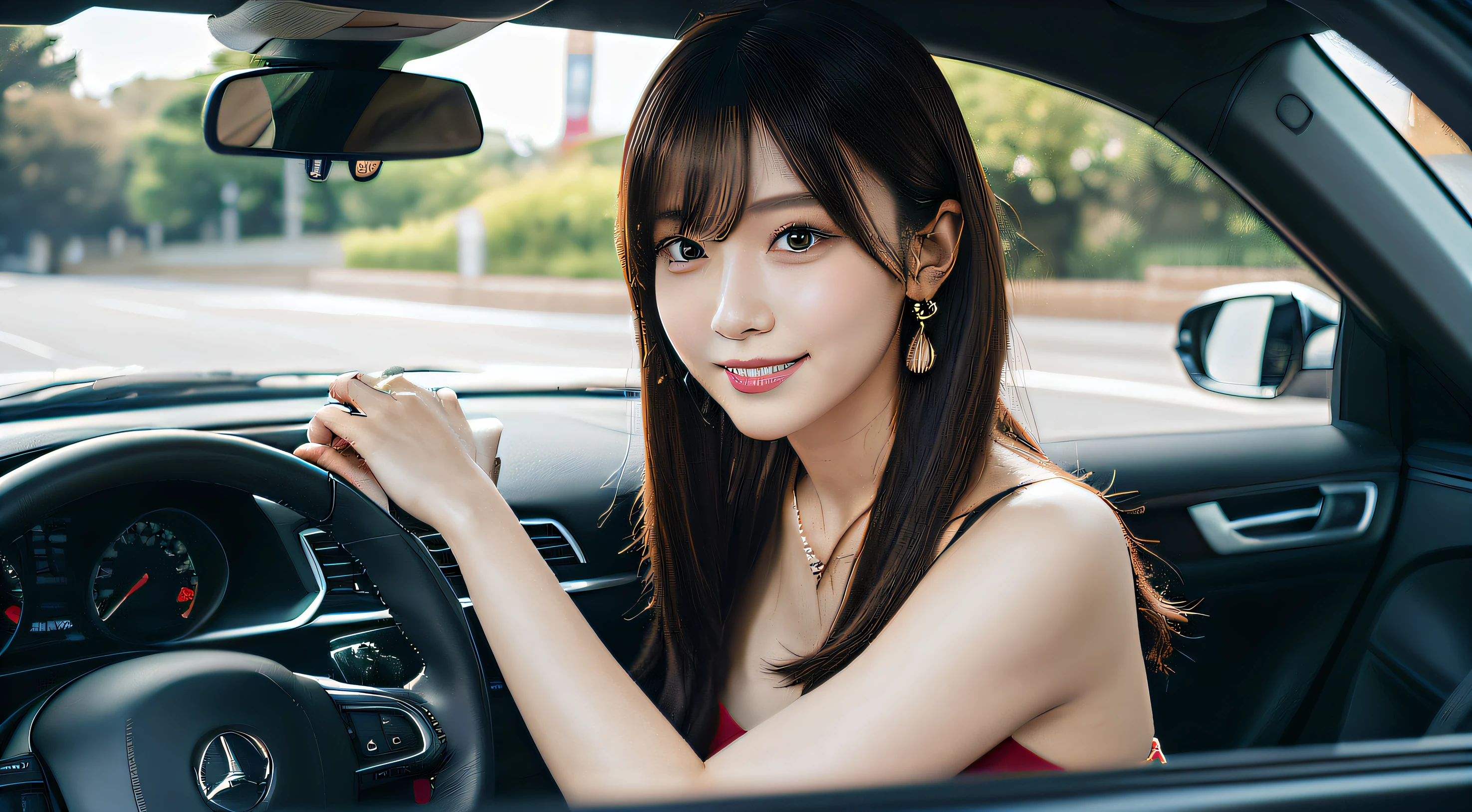 Best Quality, masutepiece, High resolution, 1girl in, Beautiful face, slenderbody、Hair Accessories, Smiling, closes mouth, Beautiful lips, Dress, Hair Accessories, Necklaces, Jewelry, Long hair, earrings, Beautiful face, On the body, Tindall Effect, Realism, Drive a bright red convertible in the city、Behind the wheel, Edge lighting, Two-tone lighting, (High Detail Skin: 1.2), 8K UHD, Digital SLR, Soft light, High quality, Volumetric lighting, Photo, high-definition4K, 8K, Blurred background