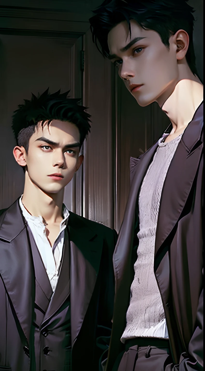 (best quality,ultra-detailed),two boys attractive individuals standing, scared expressions,full body s,detailed facial features, expressive eyes, beautiful lips,[fear] [apprehension],[tense atmosphere],[dark background],[dramatic lighting],[cinematic style], vivid colours, no body look, Wearing simple clothes