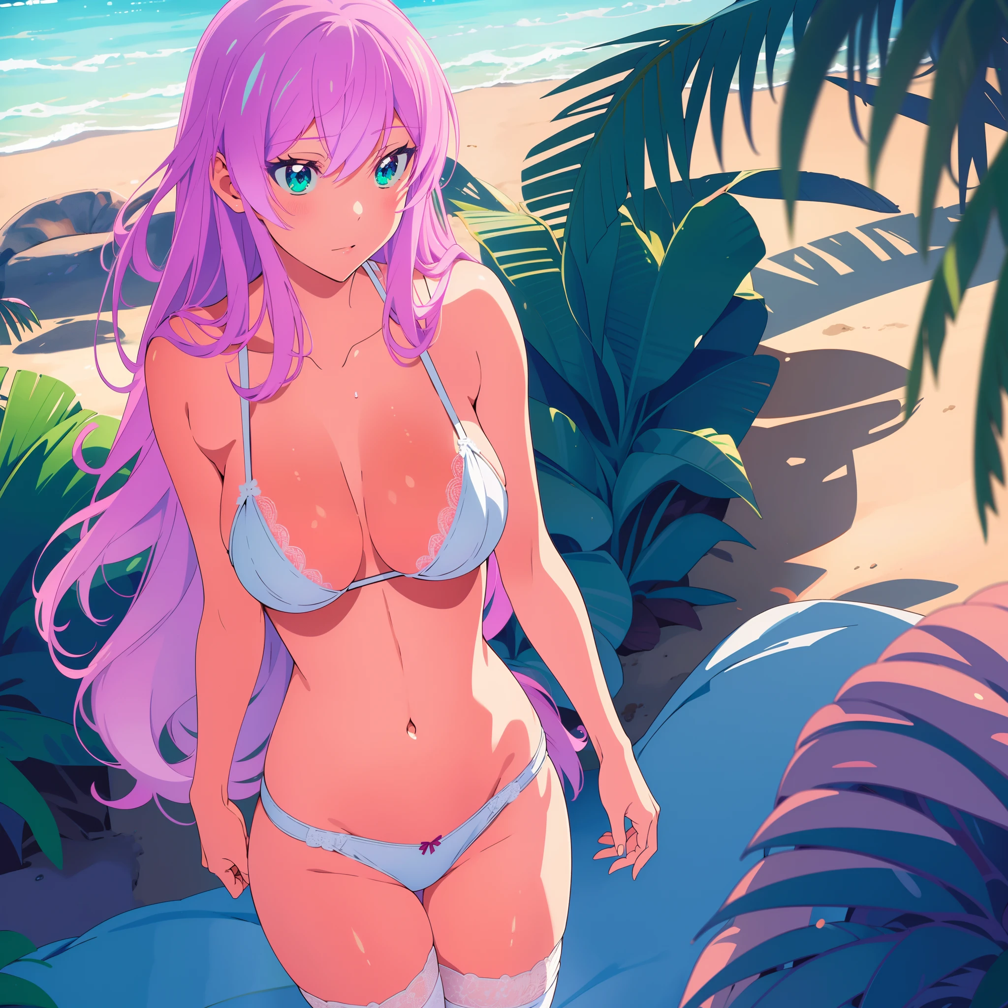 Masterpiece, best quality, highres, highly detailed, 1 girl, long hair, pink hair, green eyes, large breast, white lingerie, white bra, white panties, garterbelt with white stocking, she wet, nipple perked out from under bra, outdoor, standing n sand, beach,