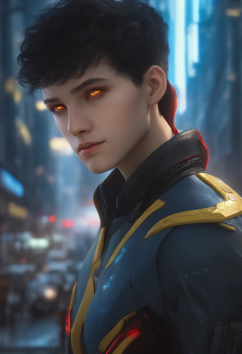 (Masterpiece:1.3), (Best movie quality:1.2), (Extremely detailed settings:1), (soft+Artistic lighting), (1boys), blue short hair, (Eyes+Yellow+Red:1.4), (Multicolored eyes+Heterochromia), Wear cyberpunk costumes, Futuristic, Technological, Cityscape with (Robots around)0.4], Offers dramatic scenery.