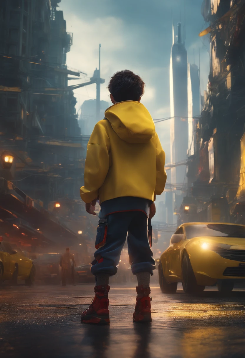 (Masterpiece:1.3), (Best movie quality:1.2), (Extremely detailed settings:1), (soft+Artistic lighting), (1boys), blue short hair, (Eyes+Yellow+Red:1.4), (Multicolored eyes+Heterochromia), Wear cyberpunk costumes, Futuristic, Technological, Cityscape with (Robots around)0.4], Offers dramatic scenery.