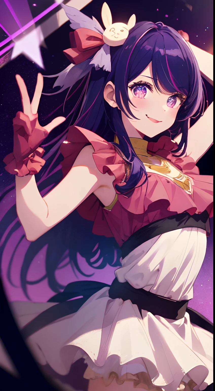 Sinoai,glove, sticking out their tongues, tongue, Long hair, sao \(symbol\), looking up at viewer, (purple color hair:1.2), Purple eyes, upper half body, Hair ornaments, Frills, Pink shirt, Smile, sleeveless, shirt, idol, symbol-shaped pupils, hands up, bangss, one side up, star-shaped pupils, arm up, Dress Pool,Roaring 20s, Isometric, cliff, 1Girl, s whole body, cowboy shots, (rembrandt), Illustration, (Best Quality), (ultra_detailed), delicate detail, (Depth of field), peace sign, Highest Quality, high resolucion.