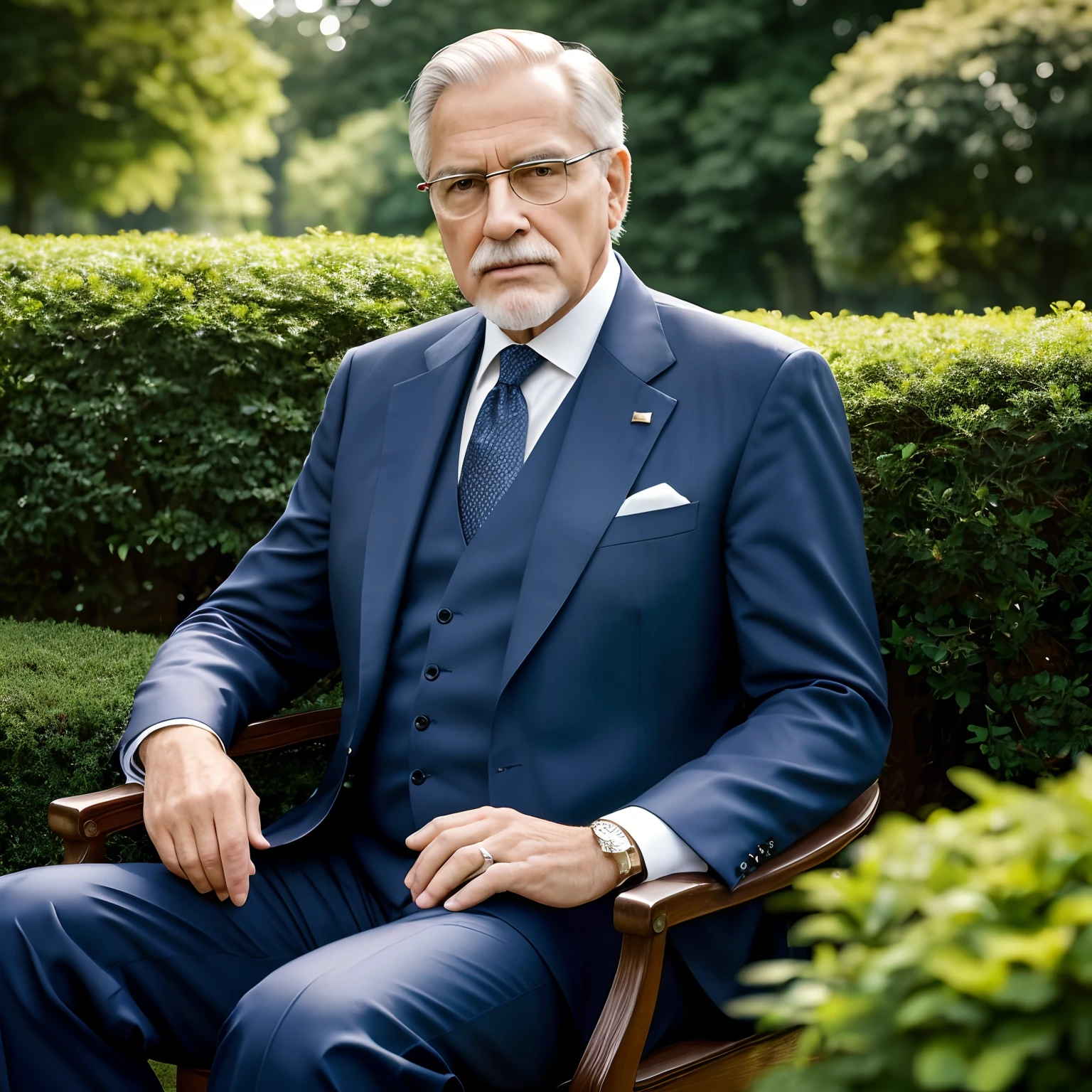 (best quality,4k,8k,highres,masterpiece:1.2),ultra-detailed,(realistic,photorealistic,photo-realistic:1.37),portrait,landscape,photography,elderly gentleman,German socialist chancellor,white tupet hair,white goatee,white mustache,square glasses,black suit,vest,park,1990s,retro style,lush greenery,peaceful atmosphere,late afternoon sunlight,serious expression,thoughtful gaze,majestic presence,confidence,experience,distinguished,wise demeanor,graceful aging,wisdom and authority,suit and tie,well-groomed,impeccable fashion sense,crisp and clean lines,natural poses,classic elegance,subtle color palette,lush foliage,dappled sunlight on the ground,gentle breeze,tranquil environment,calm and serene backdrop