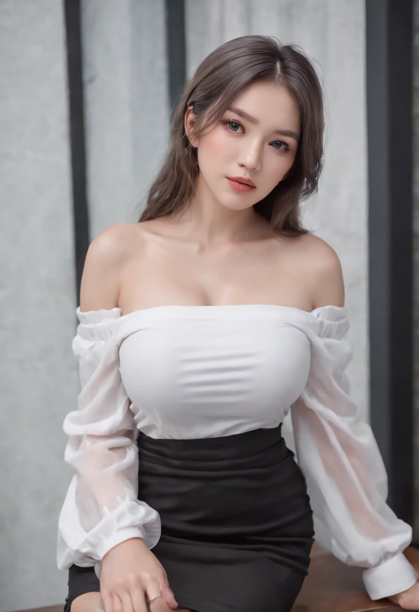 (Masterpiece), (best quality), (ultra-high resolution), (realistic: 1.4), 1 Asian woman, (transparent blouse: 1.3), revealing large breasts, intricate tattoos covering her arms and shoulders. The woman's hair is long and black, falling in soft waves over her shoulders. Her expressive eyes convey a sense of deep emotion, and her figure is full and curvaceous. The background is plain and simple, allowing the woman and her intricate tattoos to take center stage. (realism: 1.4)