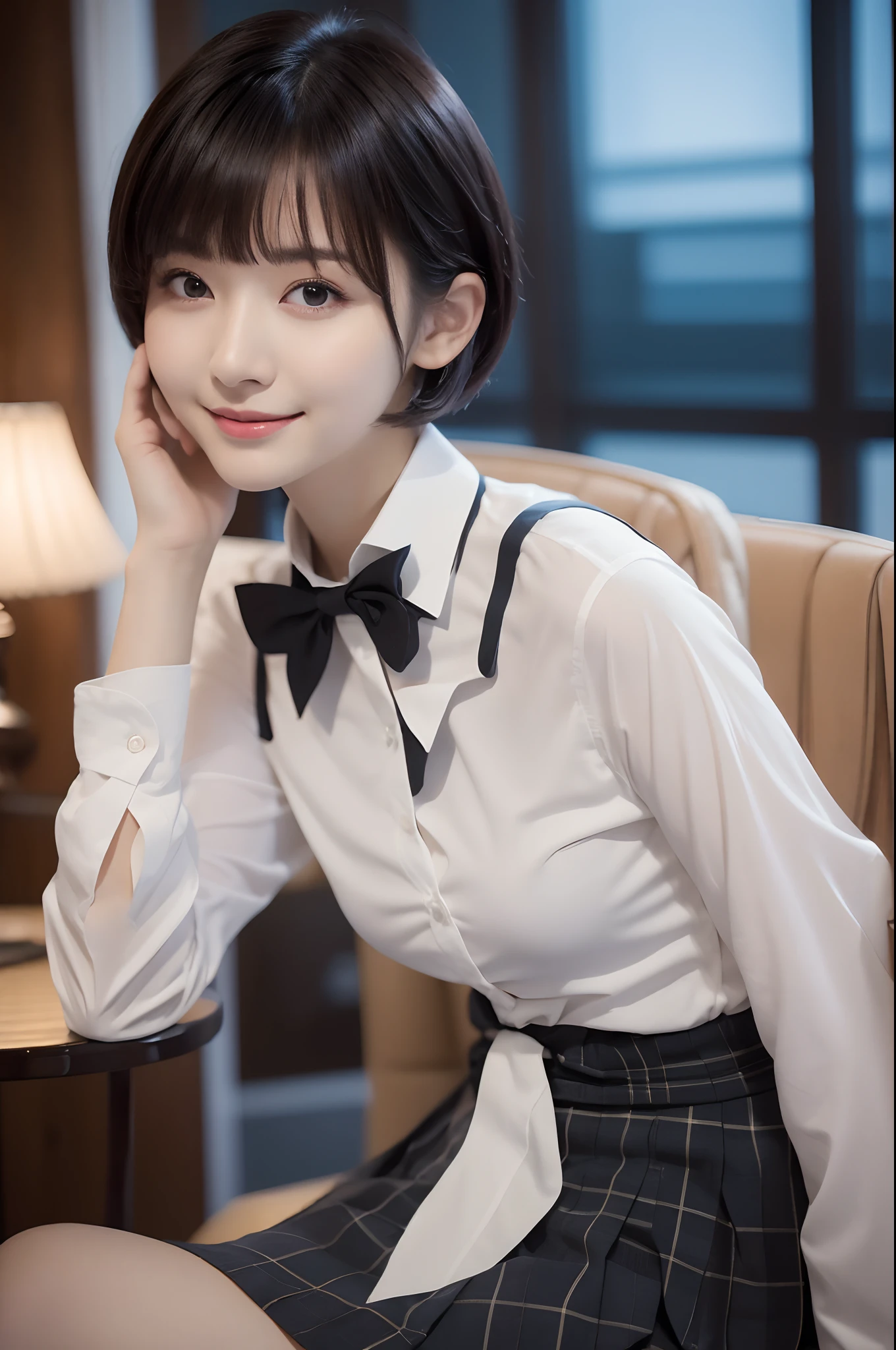 (8K, RAW photo, Best Quality, Masterpiece: 1.2), (Realistic, Photorealistic: 1.37), Ultra HD, 1 girl, Cute, Solo, Beautiful sky, Detailed cafe, Night, Sitting, date, (nose lip), (smile: 1.1), (closed), medium breasts, beautiful eyes, (collared shirt: 1.1), bow tie, pleated skirt, (short hair: 1.2), floating hair