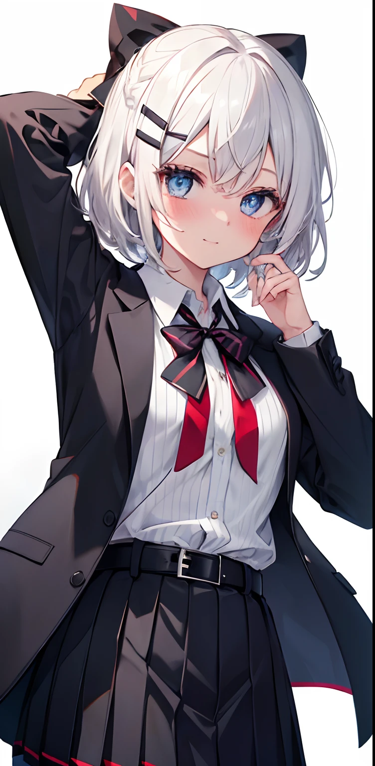 blush, striped, 1girl, smile, hair_ornament, solo, blue_eyes, closed_mouth, long_sleeves, eyebrows_visible_through_hair, shirt, bangs, jacket, vertical_stripes, white_background, white_jacket, white_shirt, black_skirt, skirt, hands_up, hair_between_eyes, looking_at_viewer, black_shirt, ribbon, diagonal_stripes, short_hair, belt, nose_blush, collared_shirt, hairclip, virtual_youtuber, pleated_skirt, silver_hair, simple_background, white_hair, sailor_collar, open_jacket, w, striped_background, open_clothes, grey_shirt, red_neckwear, bow, upper_body, neck_ribbon, black_dress, black_belt, striped_bow, two-tone_background, school_uniform